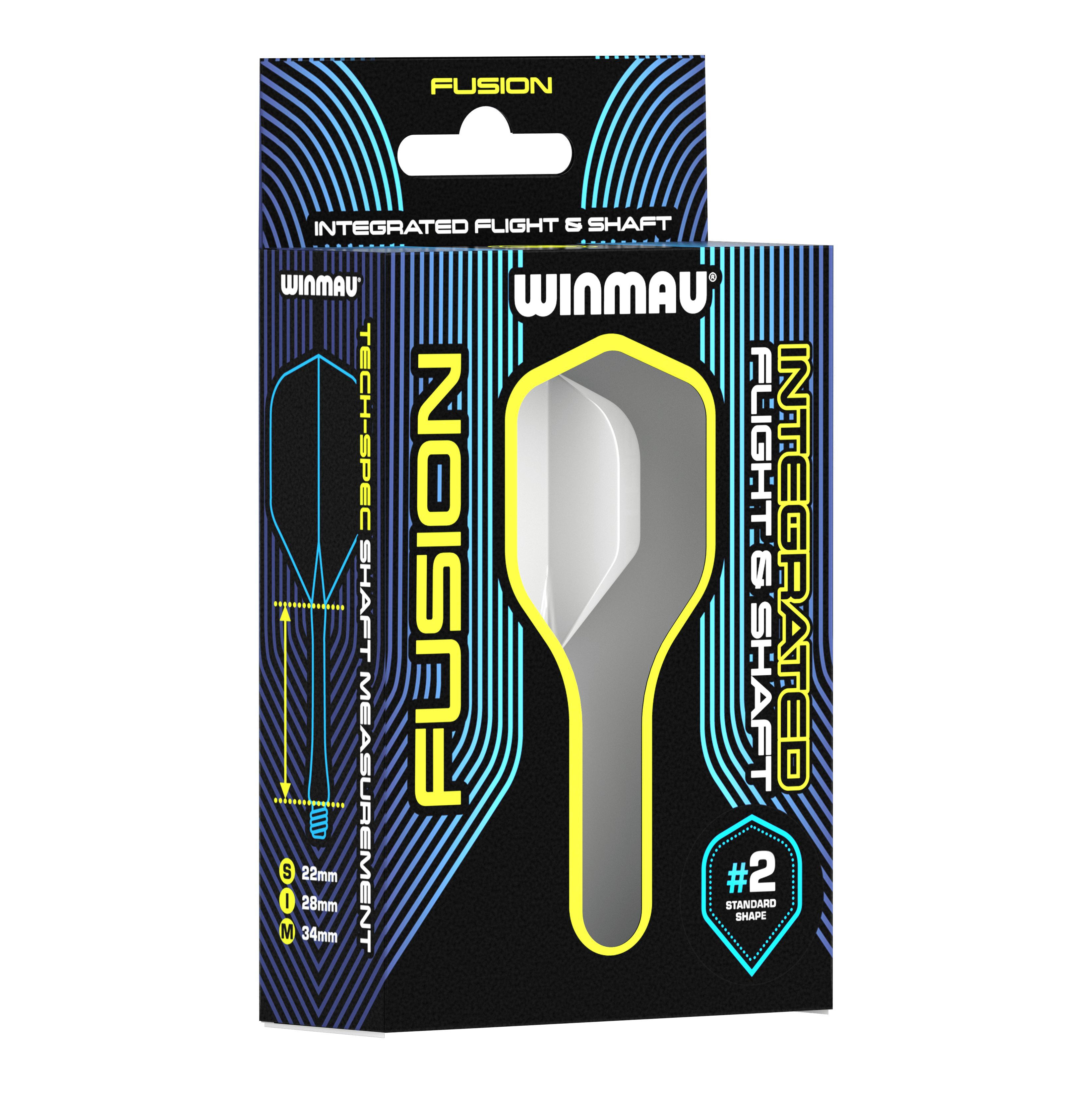 Système d'arbre de vol Winmau Fusion Standard Blanc Auf dem Bild ist eine Verpackung des Winmau Fusion Integrated Flight & Shaft Systems in Weiß zu sehen. Die Verpackung zeigt einen 22 mm langen Schaft mit der Standardform #2.