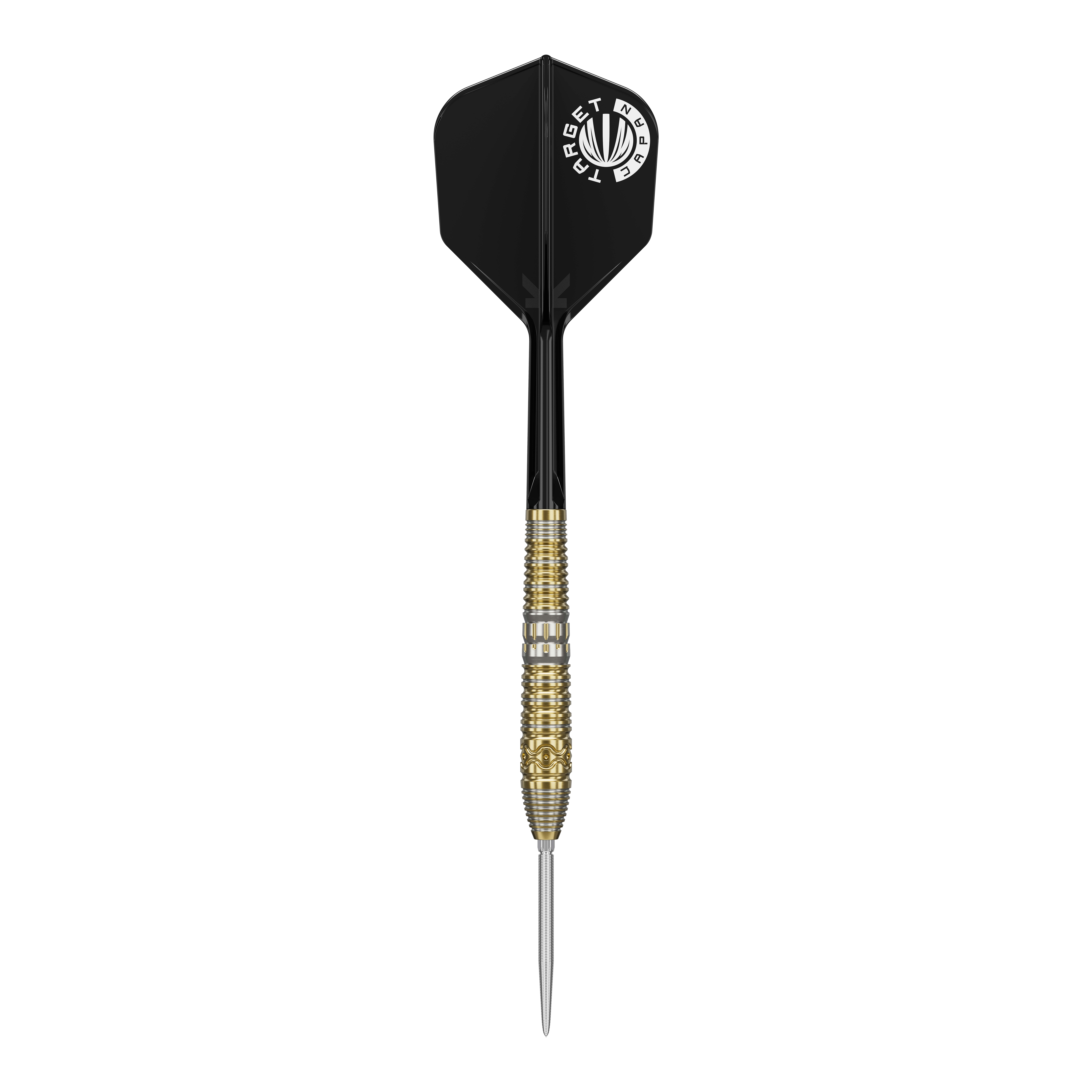 Fléchettes en acier Target Japan Hot Shot GEN2 - 23 g Das Bild zeigt einen Target Japan Hot Shot GEN2 Steeldart mit einem Gewicht von 23g. Der Dart hat eine goldene, strukturierte Spitze und schwarze Flights.