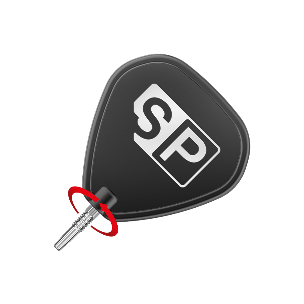 Pointes de fléchettes Target Swiss Point Chrono - Argent Das Bild zeigt eine schwarze Dartflügel mit den weißen Buchstaben "SP" darauf. An der Unterseite ist eine silberne Dartspitze zu sehen, die mit einem roten Pfeil markiert ist.