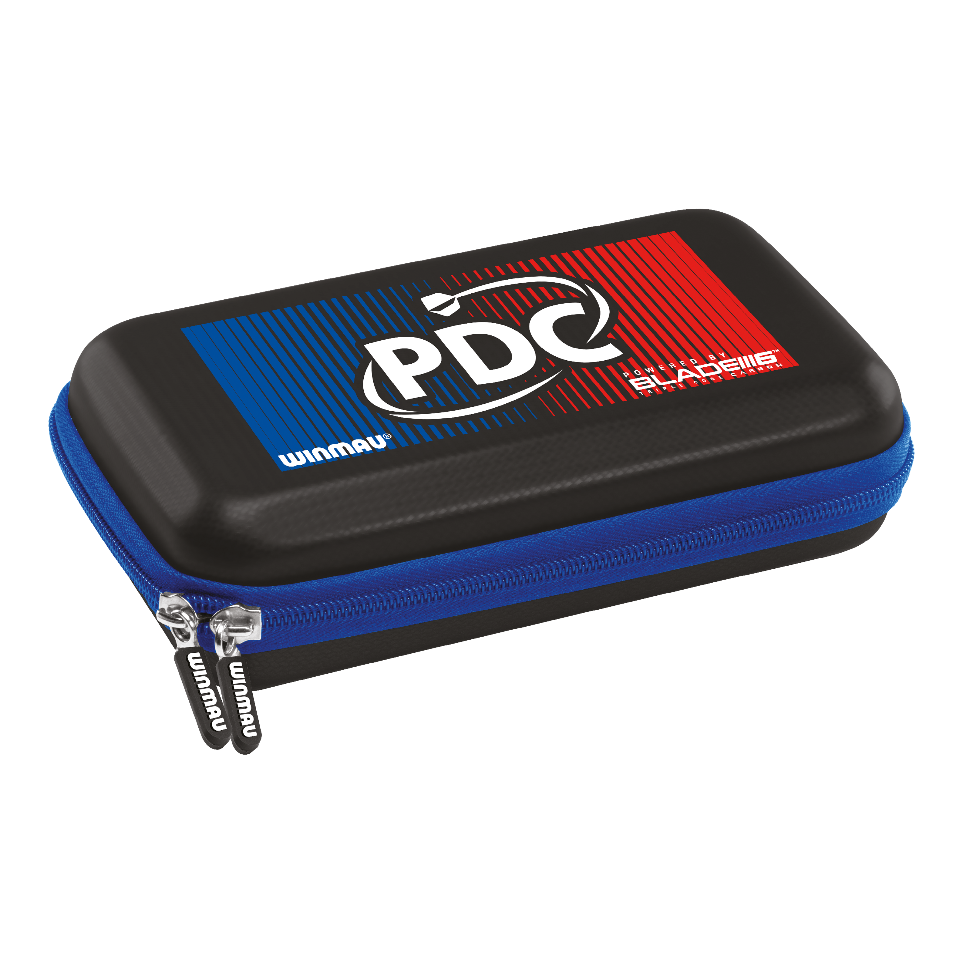 Étui à fléchettes Winmau PDC Das Bild zeigt ein Winmau PDC Dartcase mit einem auffälligen blauen und roten Design auf dem Deckel. Das Etui hat einen blauen Reißverschluss und bietet Schutz für Dart-Zubehör.