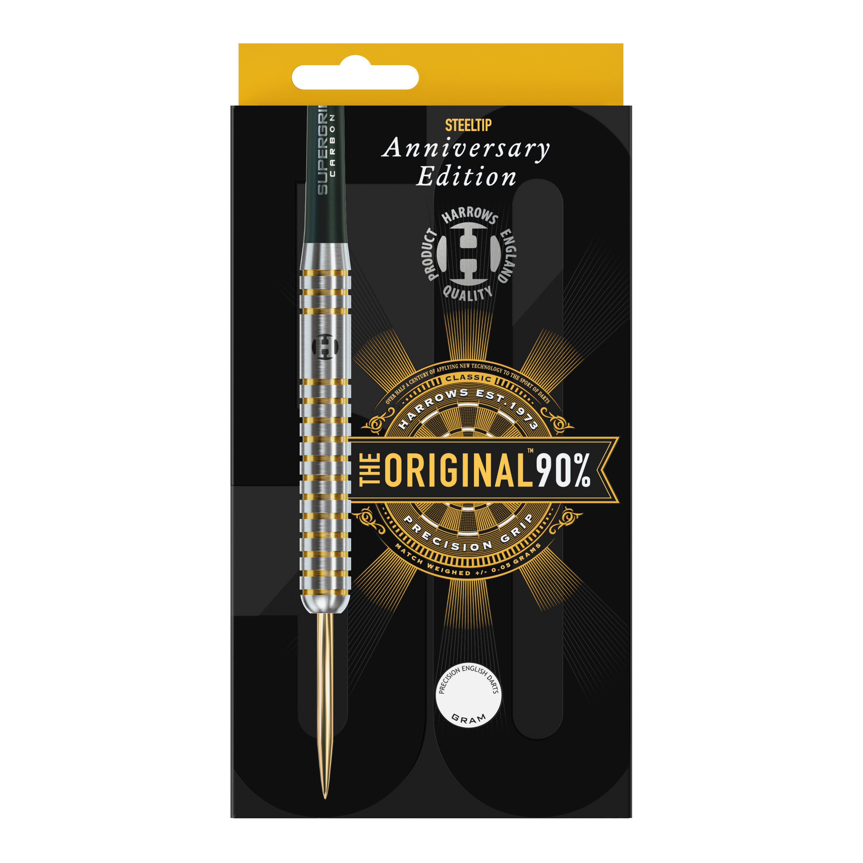 Édition anniversaire de Harrows Les Steeldarts originaux Auf dem Bild ist eine Packung mit einem Steeldart der Marke Harrows zu sehen. Die Verpackung zeigt die Aufschrift „Anniversary Edition“ und „The Original 90%“.