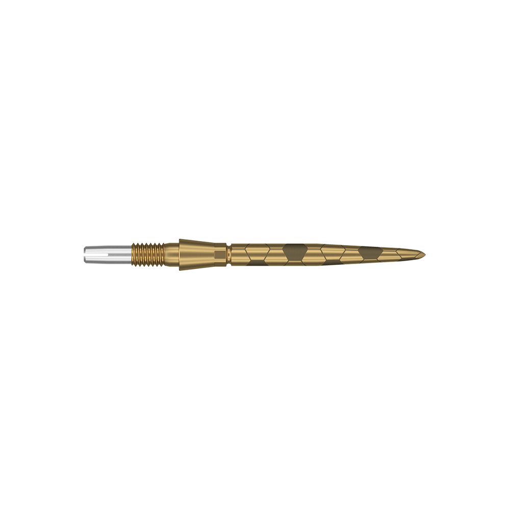 Pointes de fléchettes Target Swiss Storm Onyx Point - Or Das Bild zeigt eine goldfarbene Dartspitze mit feinen eingravierten Mustern. Sie hat eine schlanke, spitz zulaufende Form und ist 26 mm lang.