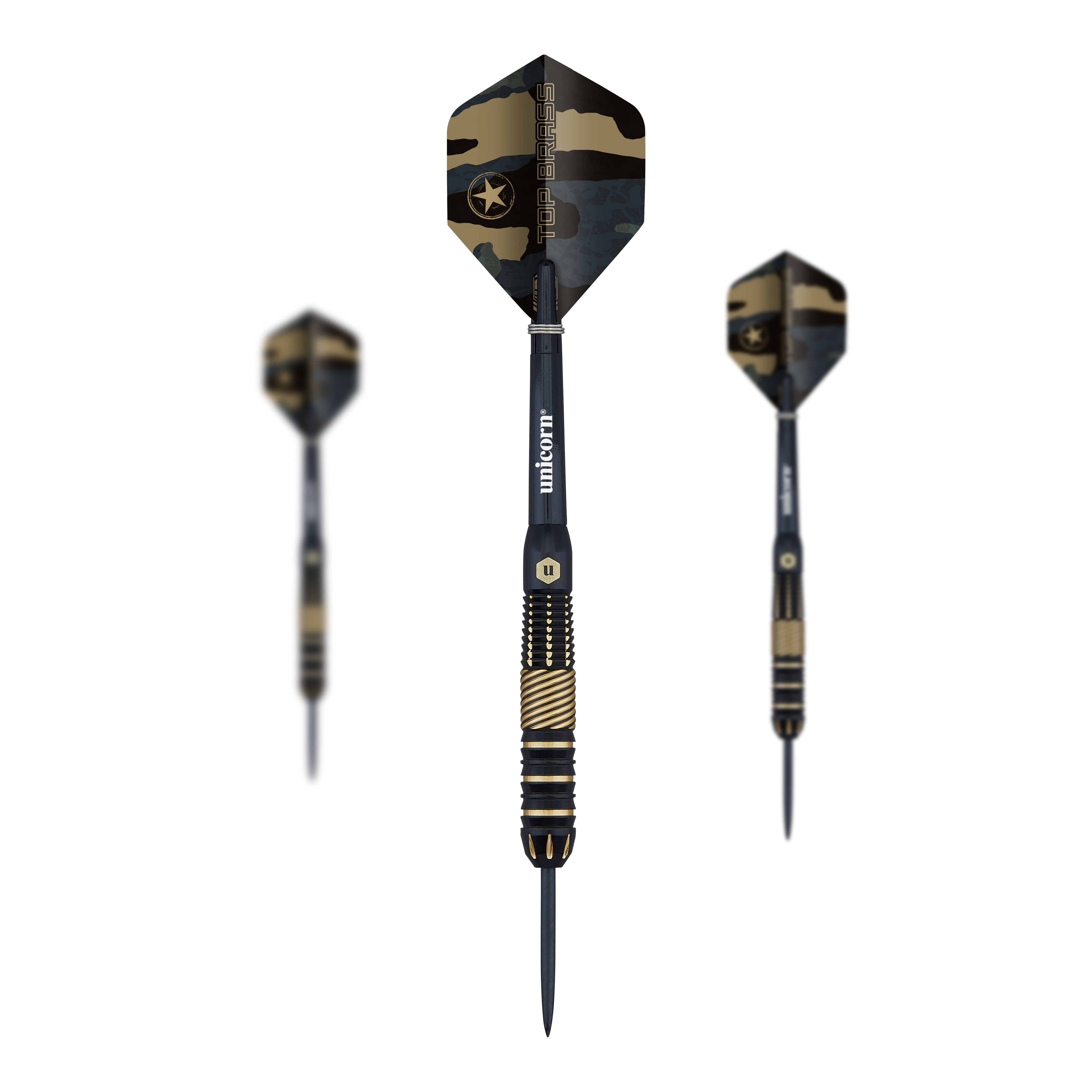 Fléchettes en acier Unicorn Top Brass V2 - 19 g Das Bild zeigt drei Steeldarts des Modells 'Unicorn Top Brass V2 - 19g' mit schwarzem und goldenem Design. Die Flights haben ein Camouflage-Muster mit einem Stern und dem Schriftzug "Top Brass".