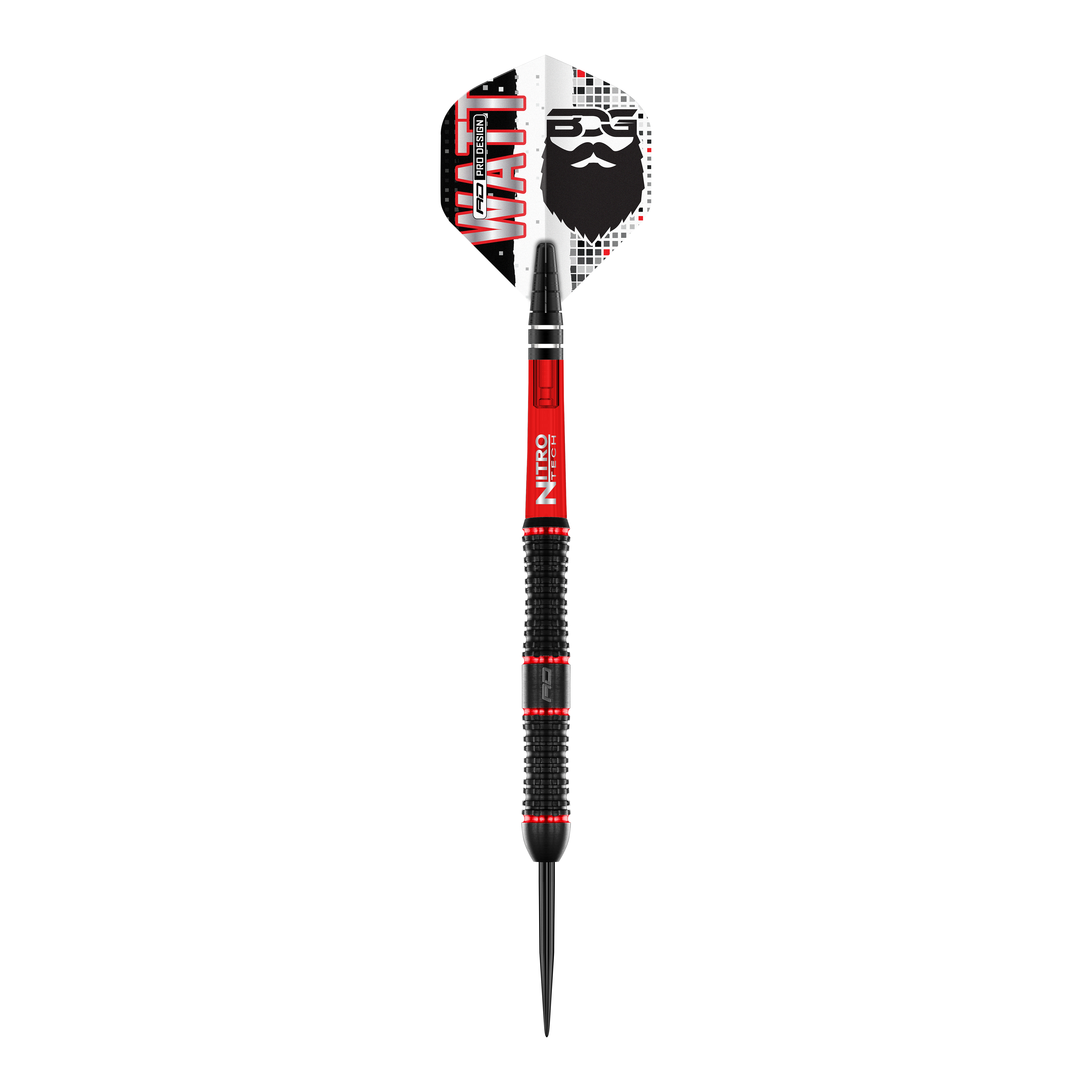 Fléchettes en acier Red Dragon Jason Watt - 22 g Das Bild zeigt den "Red Dragon Jason Watt Steeldart - 22g". Der Dartpfeil hat ein auffälliges Design in Schwarz, Rot und Weiß mit dem Namen „Watt“ und einem Bartmotiv auf der Flights.