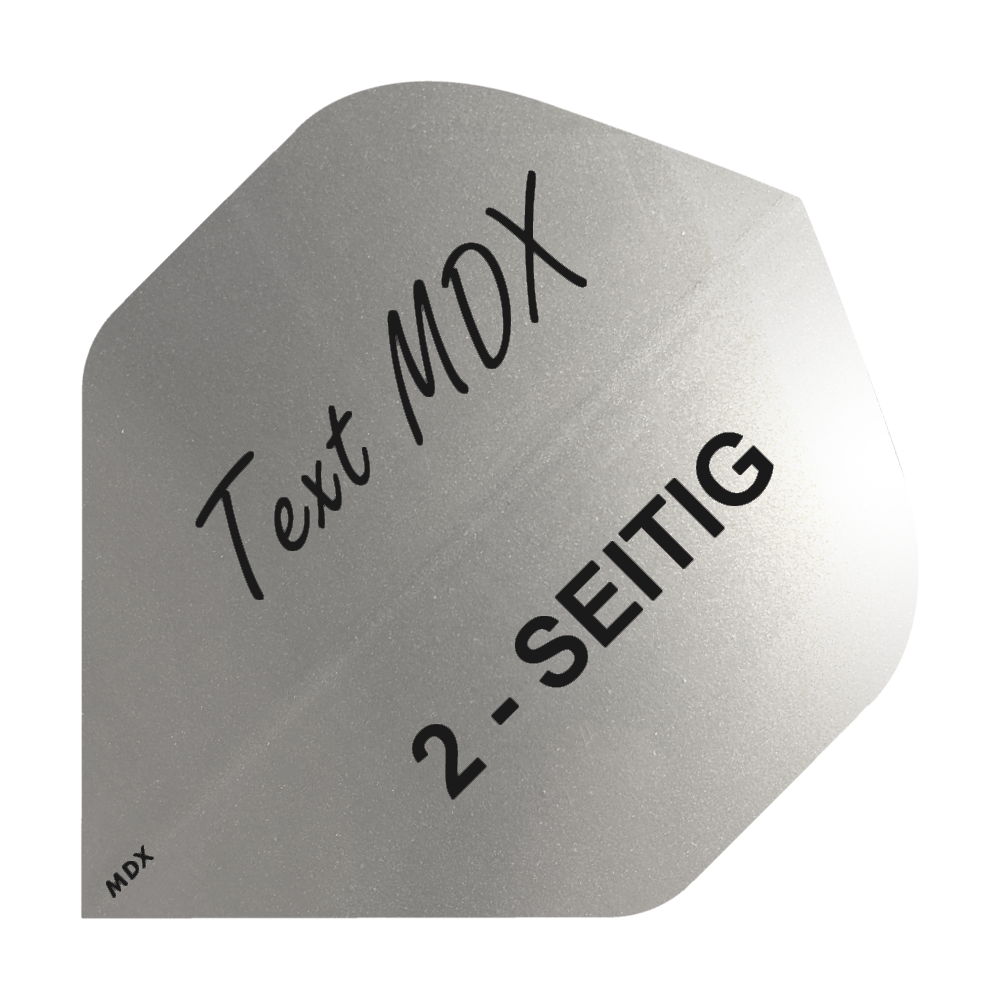 10 jeux de vols métalliques imprimés recto verso - texte personnalisé - norme MDX Das Bild zeigt ein silbernes Dart-Flight mit schwarzem Aufdruck. Darauf steht "Text MDX" und "2-SEITIG".