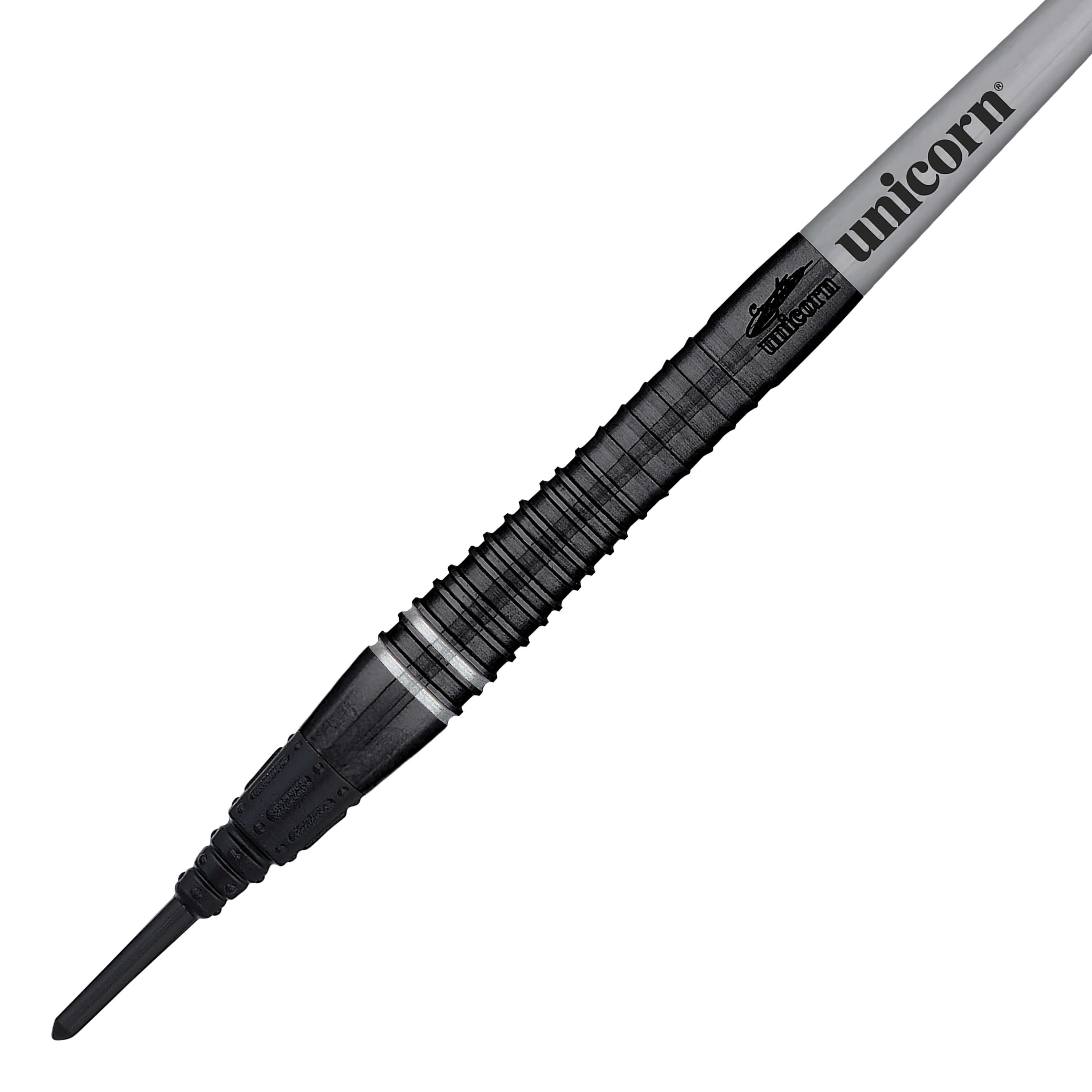 Champion du monde Unicorn Gary Anderson Noir Phase 6 Soft Darts Das Bild zeigt einen Unicorn World Champion Gary Anderson Noir Phase 6 Softdart. Der Dart hat ein elegantes, schwarzes Design mit dem Aufdruck "unicorn" auf dem Schaft.