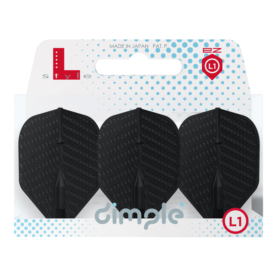 Vols L-Style Champagne à fossettes L1EZ Standard Auf dem Bild sind drei schwarze Dart-Flights in einer Verpackung zu sehen. Die Verpackung trägt die Aufschrift "dimple" und "L1" und ist von der Marke L-Style.