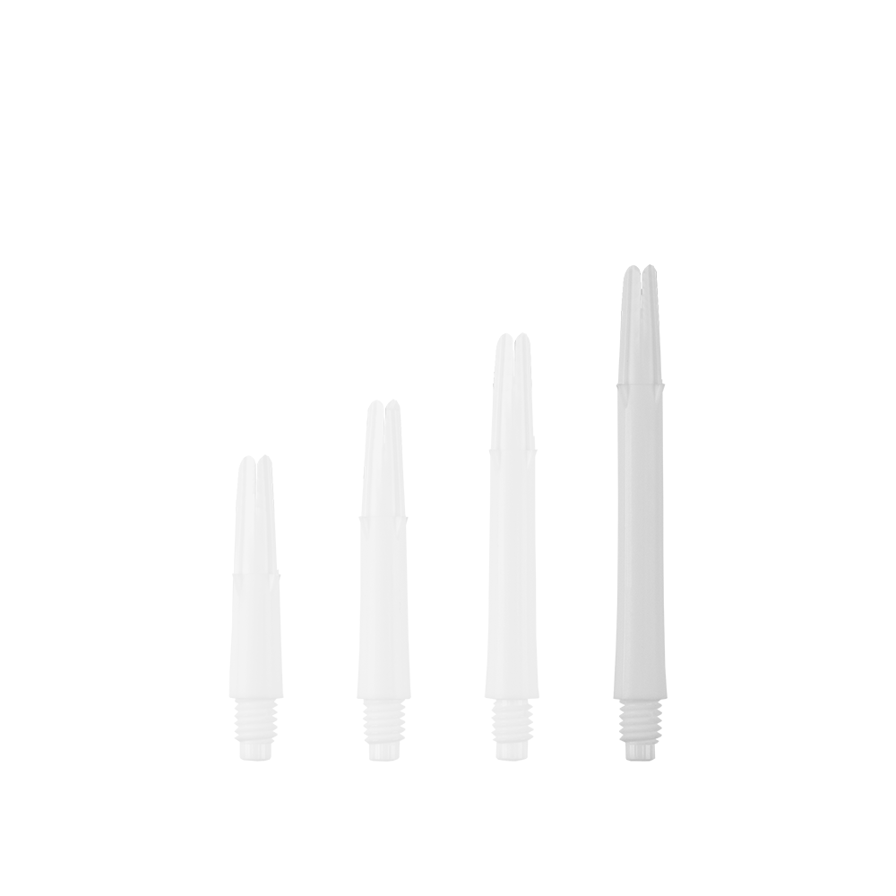 Arbres en L verrouillés droits - Blanc Das Bild zeigt vier weiße, gerade Dartshafts in unterschiedlichen Längen. Sie sind ohne Kappen und stehen nebeneinander aufgereiht.