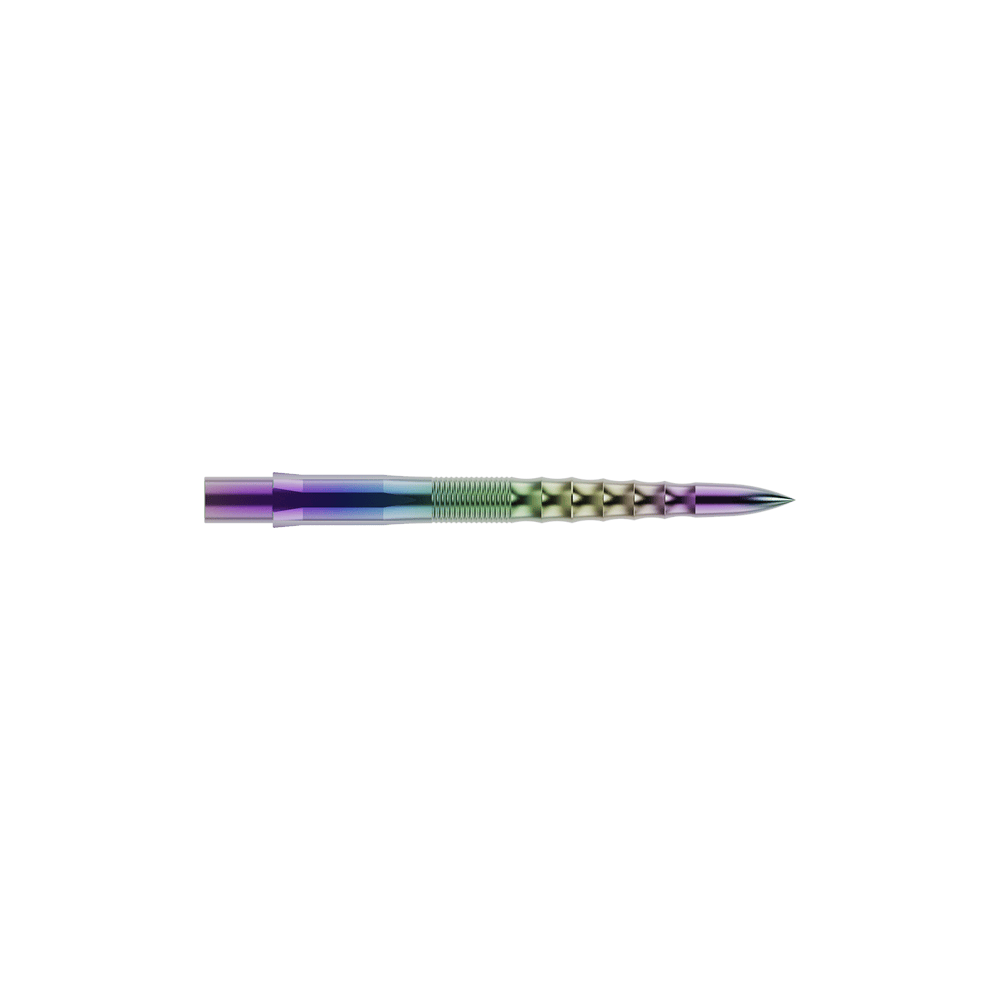 Auf dem Bild ist eine bunte Steeldartspitze mit wellenförmigem Design zu sehen. Sie hat eine glänzende Oberfläche mit Farbverlauf und ist wahrscheinlich aus Metall gefertigt.