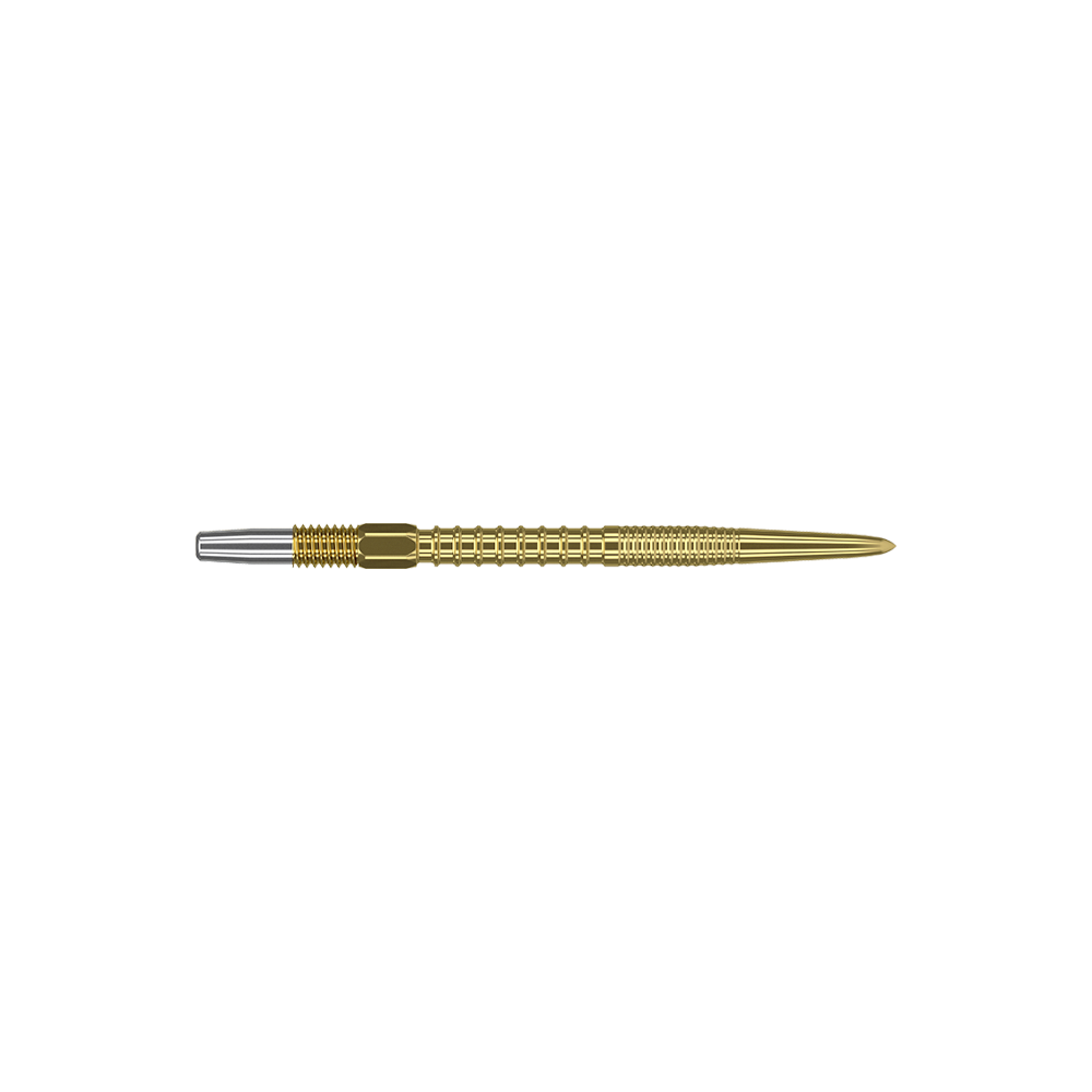 Pointes de fléchettes Target Swiss Firepoint Gold Auf dem Bild ist eine goldene Dartspitze mit einer silbernen Befestigung dargestellt. Die Spitze ist lang, fein gearbeitet und hat eine strukturierte Oberfläche.