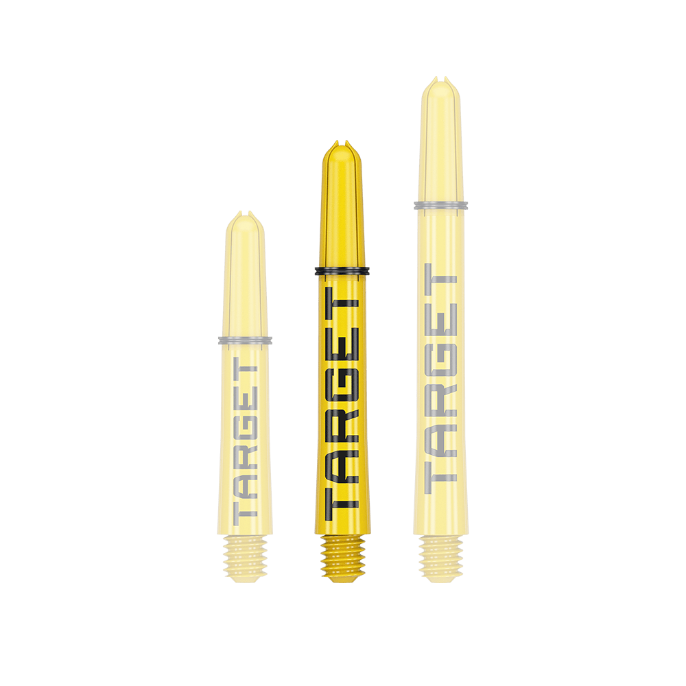 Tiges Target Pro Grip TAG - 3 jeux - Jaune Das Bild zeigt drei gelbe Dartschäfte in verschiedenen Längen. Auf jedem Schaft steht das Wort "TARGET" in schwarzer Schrift.