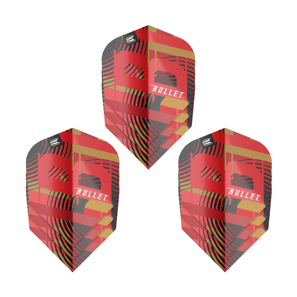 Ailettes Target Pro Ultra Stephen Bunting GEN5 No6 - 3 jeux Das Bild zeigt drei Sets von Target Pro Ultra Stephen Bunting GEN5 No6 Flights. Die Flights haben ein auffälliges Design in Rot, Schwarz und Gold mit dem Schriftzug "Bullet".