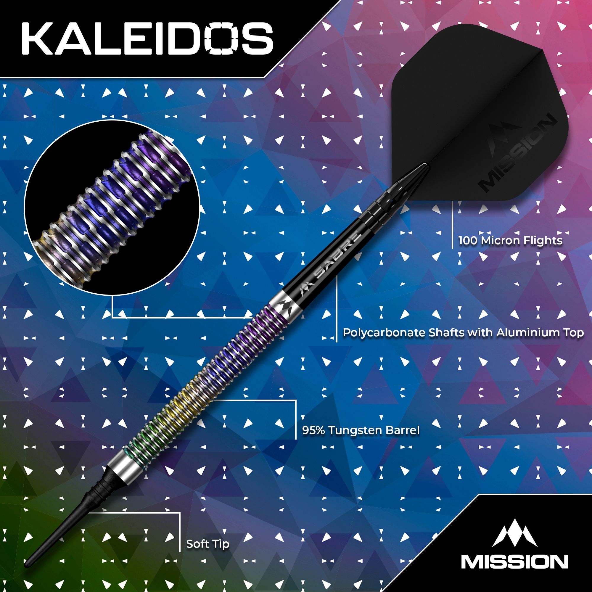 Fléchettes souples Mission Kaleidos - 19 g Das Foto zeigt Mission Kaleidos Softdarts - 19g. Es handelt sich um hochwertige Darts für Hobby- und Profispieler.