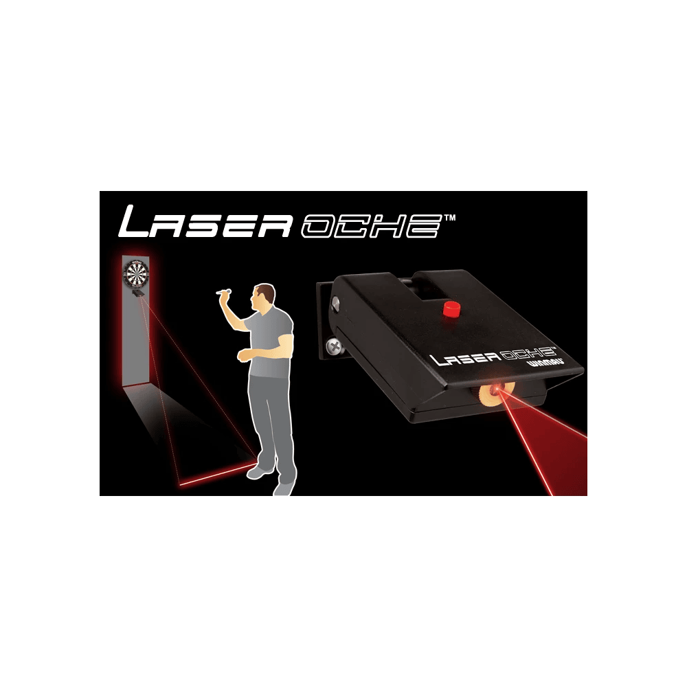 8510-Winmau-Laser-Oche-6 Das Bild zeigt das Produkt "Winmau Laser Oche", das eine präzise Laserlinie auf den Boden projiziert. Es hilft Dartspielern, den richtigen Abstand zum Dartboard einzuhalten.