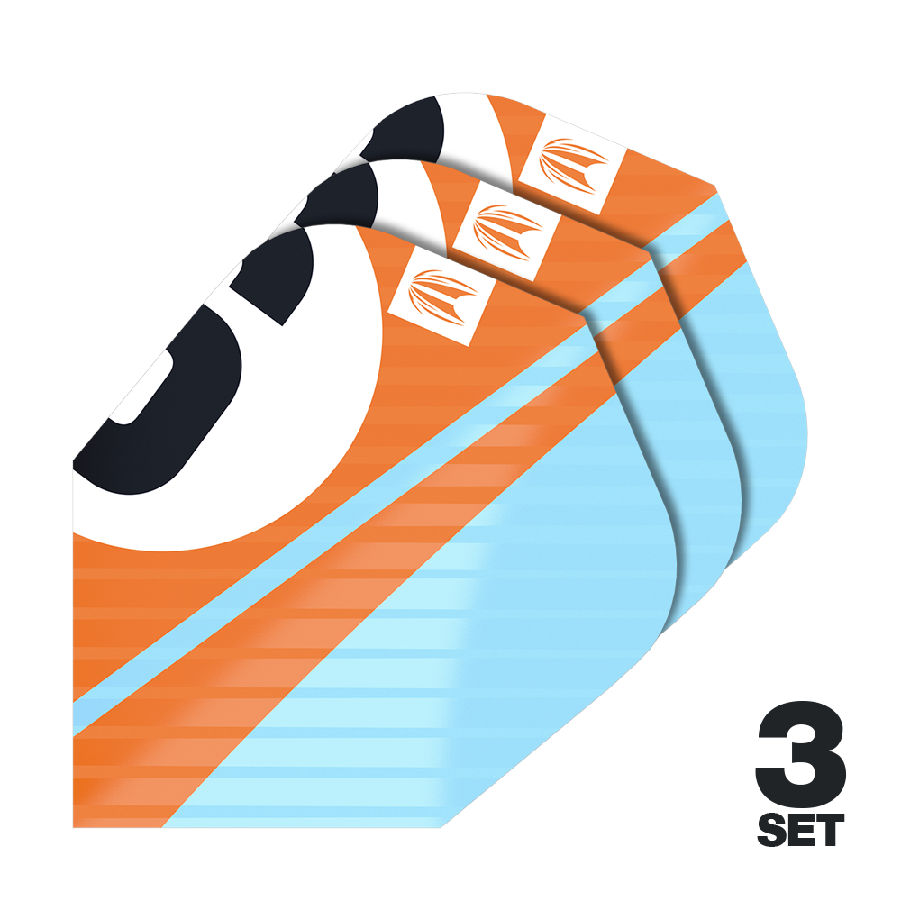 Ailettes Target Pro Ultra Chicane Orange Ten-X - 3 jeux Das Bild zeigt drei Sätze Target Pro Ultra Chicane Orange Ten-X Flights. Die Flights sind orange und hellblau mit einem auffälligen Design.