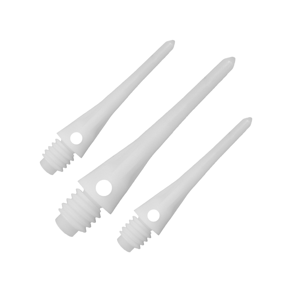 CO-00071_Condor_Tip_Zero-Stress_Softdartspitzen_Weiss_1 Das Bild zeigt drei weiße Softdartspitzen mit Gewinde. Sie sind länglich geformt und liegen nebeneinander auf einer neutralen Fläche.