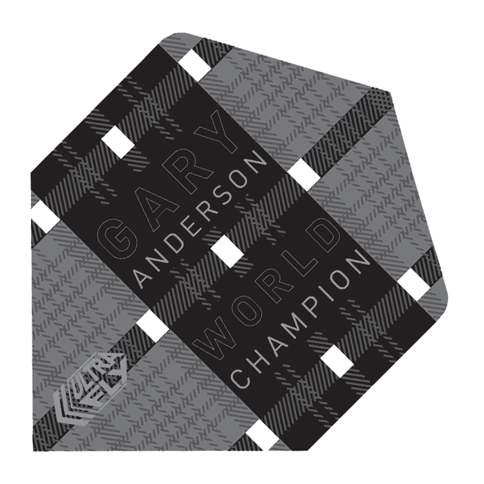 68870-Unicorn-UltraFly-Player-Big-Wing-Gary-Anderson-Black Das Bild zeigt ein schwarzes Dart-Flügel-Design mit einem karierten Muster. Auf dem Flight steht "Gary Anderson World Champion" geschrieben.