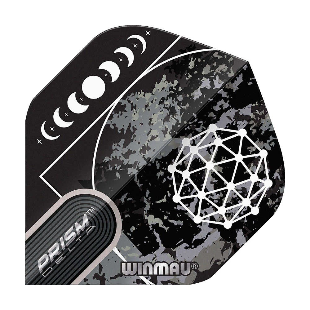 Vols standard Winmau Prism Delta Callisto No2 Das Bild zeigt das Produkt "Winmau Prism Delta Callisto No2 Standard Flights". Es hat ein schwarzes Design mit Mondphasen und geometrischem Muster.