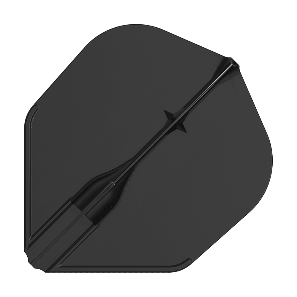 Vols L-L-Style3EZ Das Bild zeigt ein schwarzes Dart-Flight in Standardform. Es hat ein schlichtes, einfarbiges Design ohne weitere Muster.