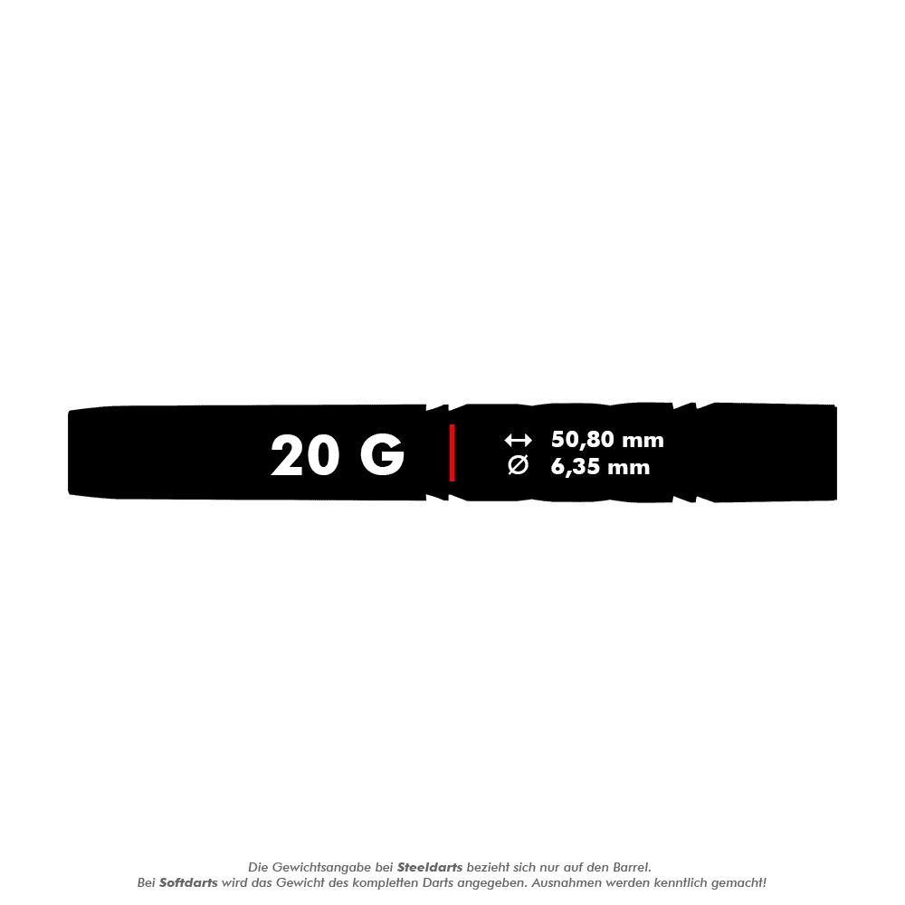 Das Bild zeigt die Produktinformation für die Red Dragon Gerwyn Price Avalanche Pro Softdarts mit einem Gewicht von 20 g. Die Maße des Darts sind 50,80 mm Länge und 6,35 mm Durchmesser.