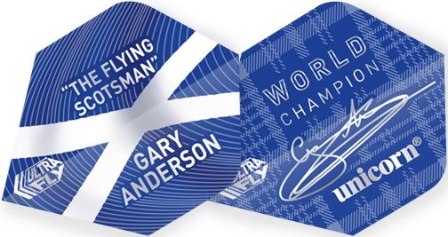 68769-Gary-Anderson-World-Champion Das Bild zeigt zwei blaue Dart-Flights mit weißem Aufdruck. Auf den Flights stehen die Schriftzüge „The Flying Scotsman, Gary Anderson“ und „World Champion, unicorn“ zusammen mit einer Unterschrift.
