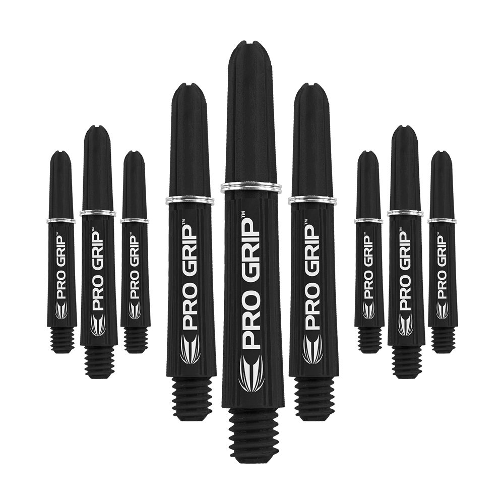 Tiges Target Pro Grip - 3 jeux - Noir Das Bild zeigt neun schwarze Dartschäfte mit der Aufschrift "PRO GRIP". Die Schäfte sind in drei 3er-Sets nebeneinander angeordnet.