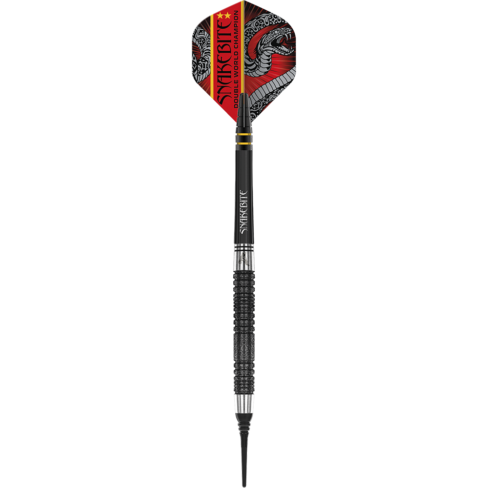 Dies ist ein schwarzer Softdart der Marke Red Dragon, Modell "Peter Wright Double World Champion SE" mit 20g Gewicht. Auf dem Flight steht "Snakebite Double World Champion" und es ist ein Schlangenmuster abgebildet.
