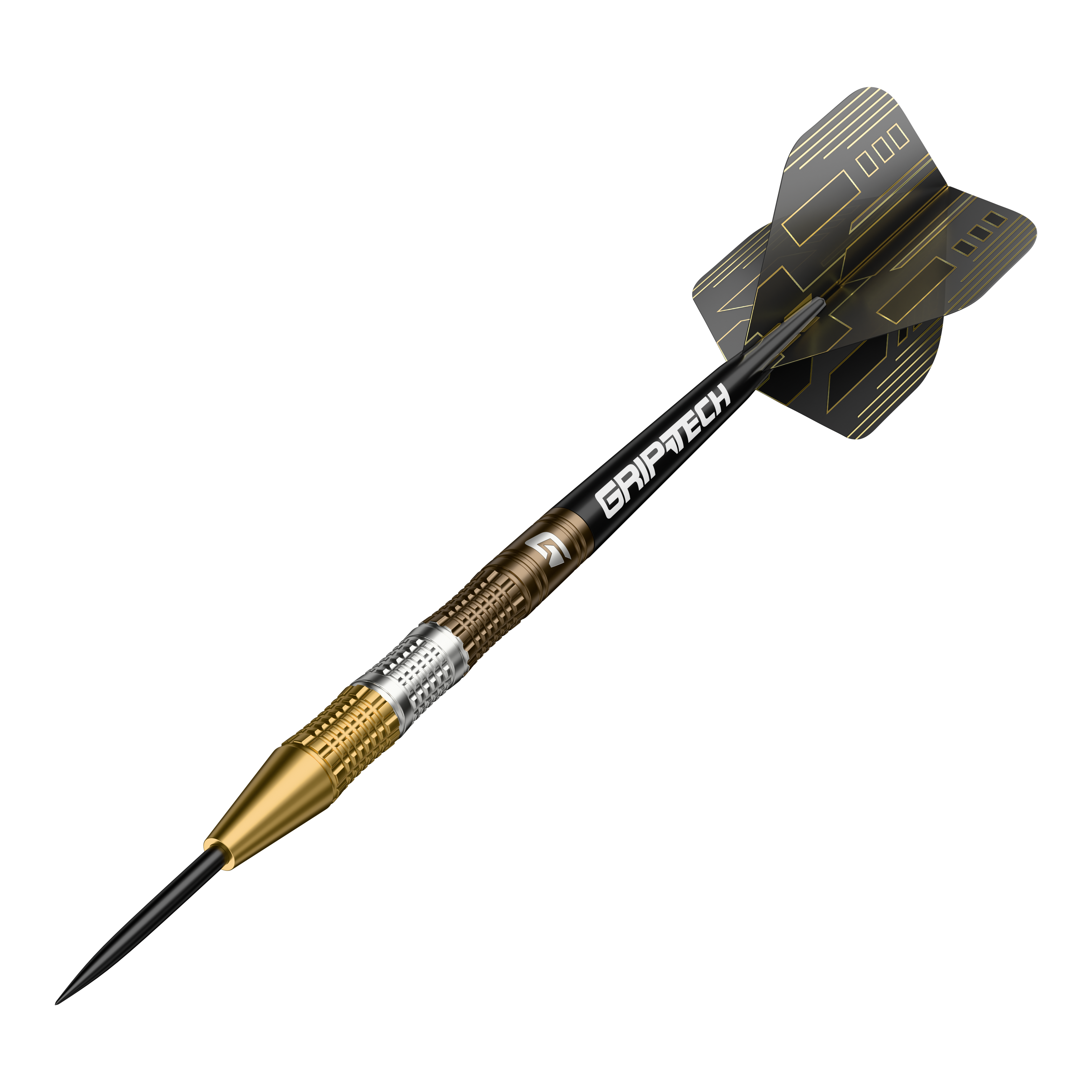 Fléchettes en acier tungstène GOAT Ceremony Der GOAT Ceremony Tungsten Steeldart ist ein hochwertiger Dartpfeil mit goldenen und silbernen Elementen. Auf dem Schaft steht das Wort "GRIPTECH" und die Flights sind schwarz mit goldenen Linien gestaltet.