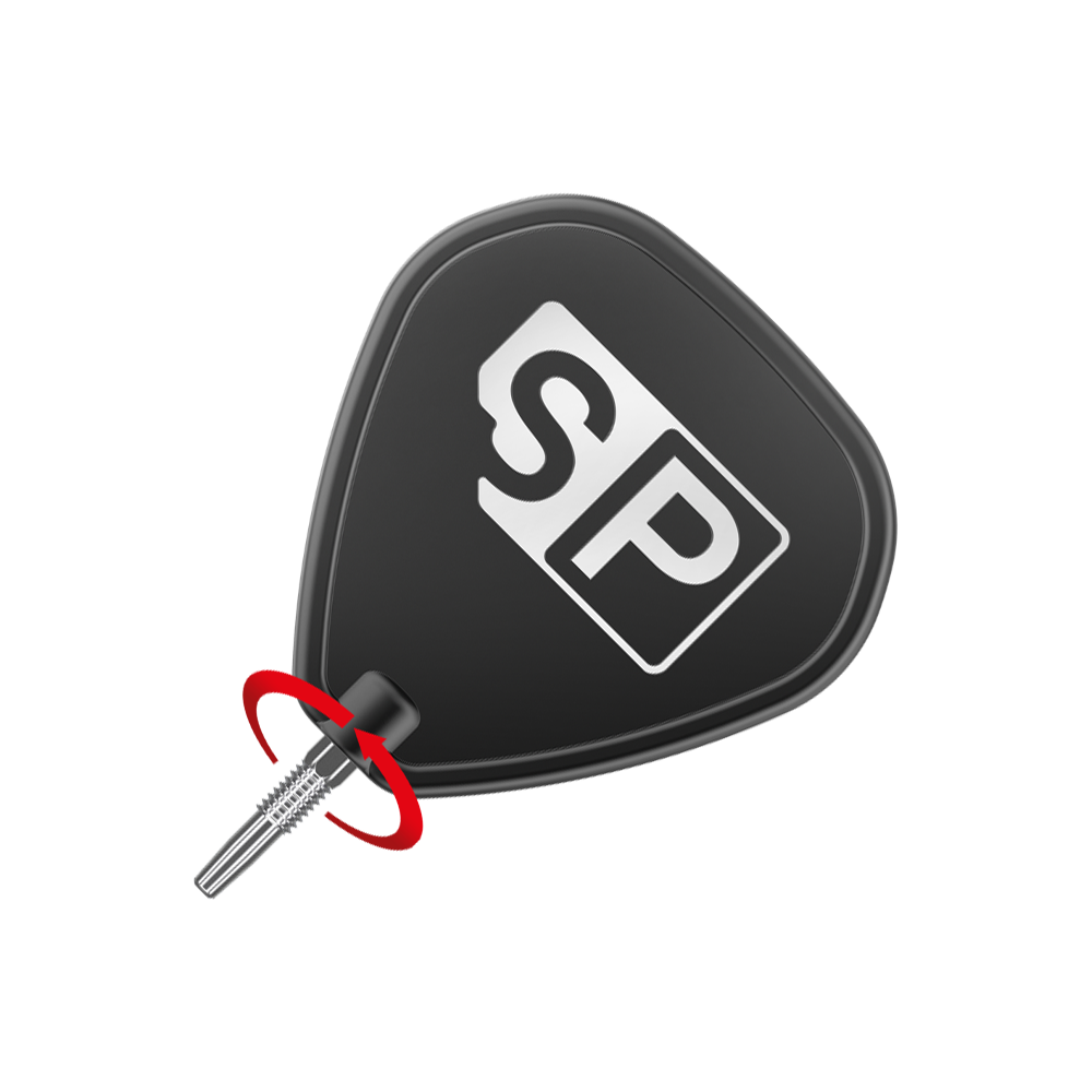 Pointes de fléchettes Target Swiss Point Nano - Argent Das Bild zeigt eine schwarze Dartflightscheibe mit den weißen Buchstaben "SP" darauf. Unten ist eine silberne Dartspitze zu sehen, um die ein roter Pfeil eine Drehbewegung anzeigt.