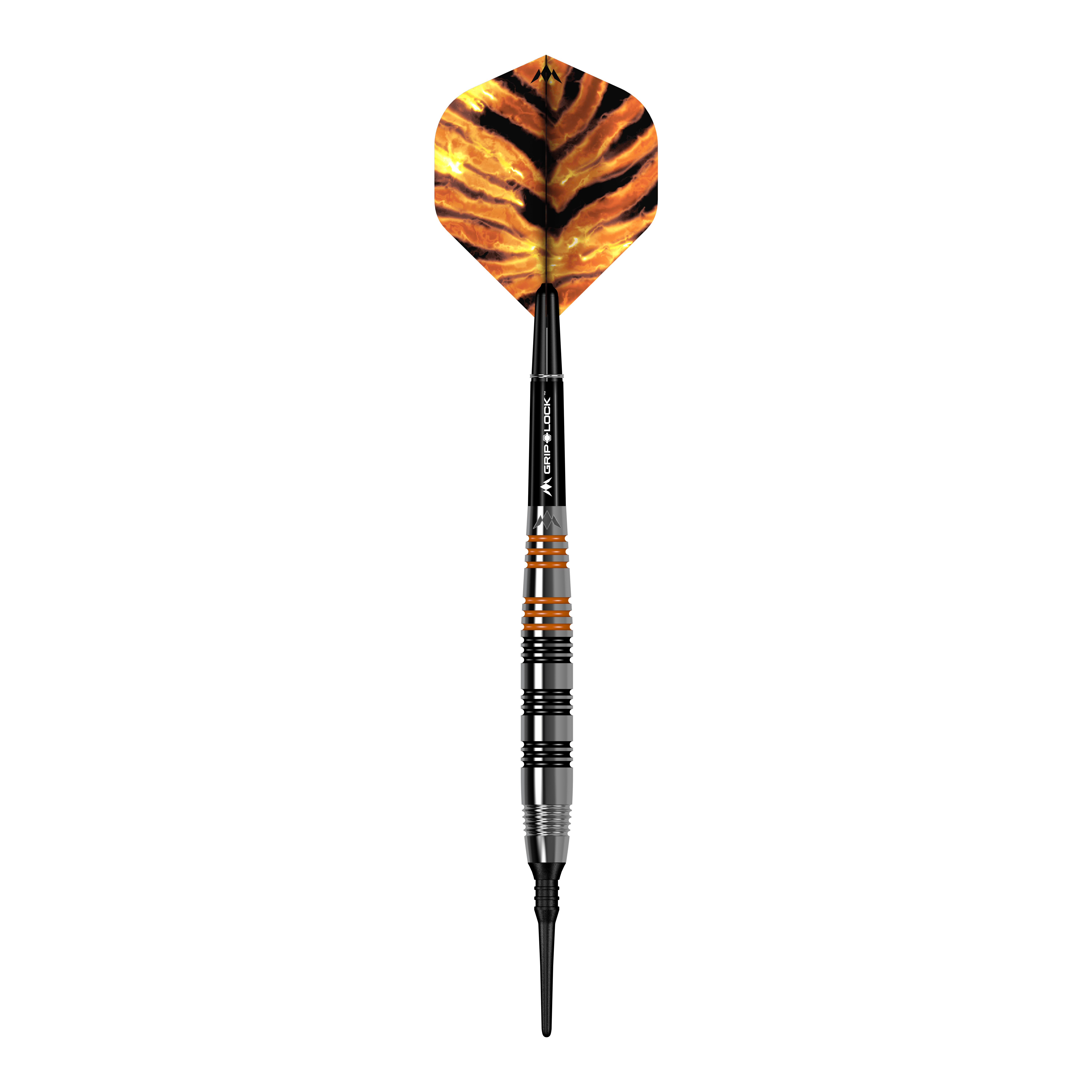 Fléchettes souples en laiton Mission Javan - 18 g Das Bild zeigt einen Softdart namens "Mission Javan Brass Softdarts - 18g". Der Dart hat eine schwarz-orangene Spitze und eine Flügel mit einem Tigerstreifenmuster.