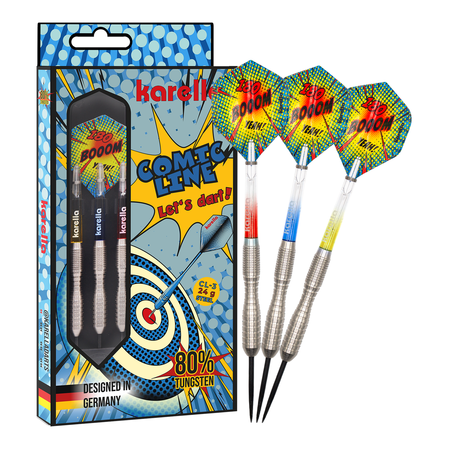 Fléchettes en acier Karella Comic Line CL-3 - 24 g Das Bild zeigt das Produkt Karella Comic Line CL-3 Steeldarts - 24g in voller Länge. Die Steeldarts sind klar zu erkennen.