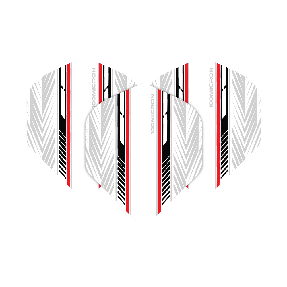 Vols de Pentathlon blanc/noir/rouge Das Bild zeigt die Pentathlon White Black Red No2 Standard Flights. Die Flights haben ein weißes Grunddesign mit schwarzen und roten Streifen sowie grafischen Mustern.