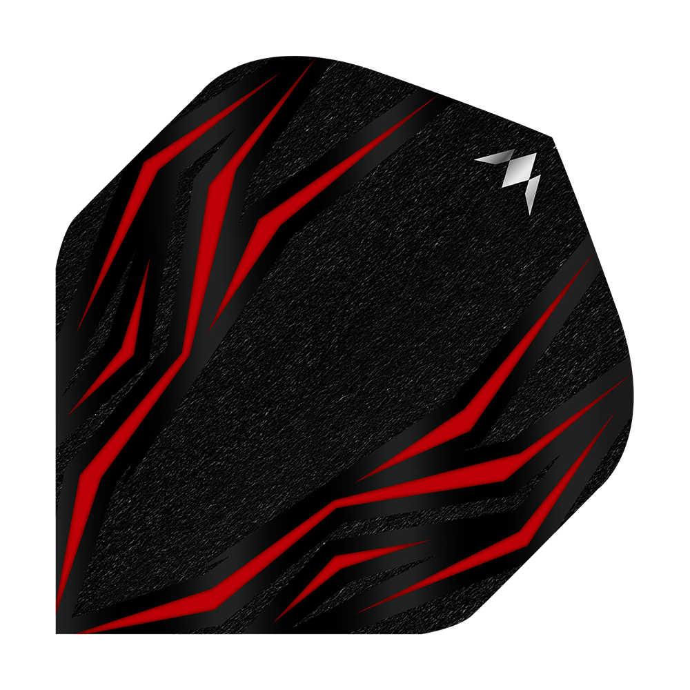 Vols standard Mission Lava Red No2 Das Bild zeigt ein schwarzes Dartflight mit roten, flammenartigen Linien. In der oberen rechten Ecke befindet sich ein kleines, silbernes Logo.