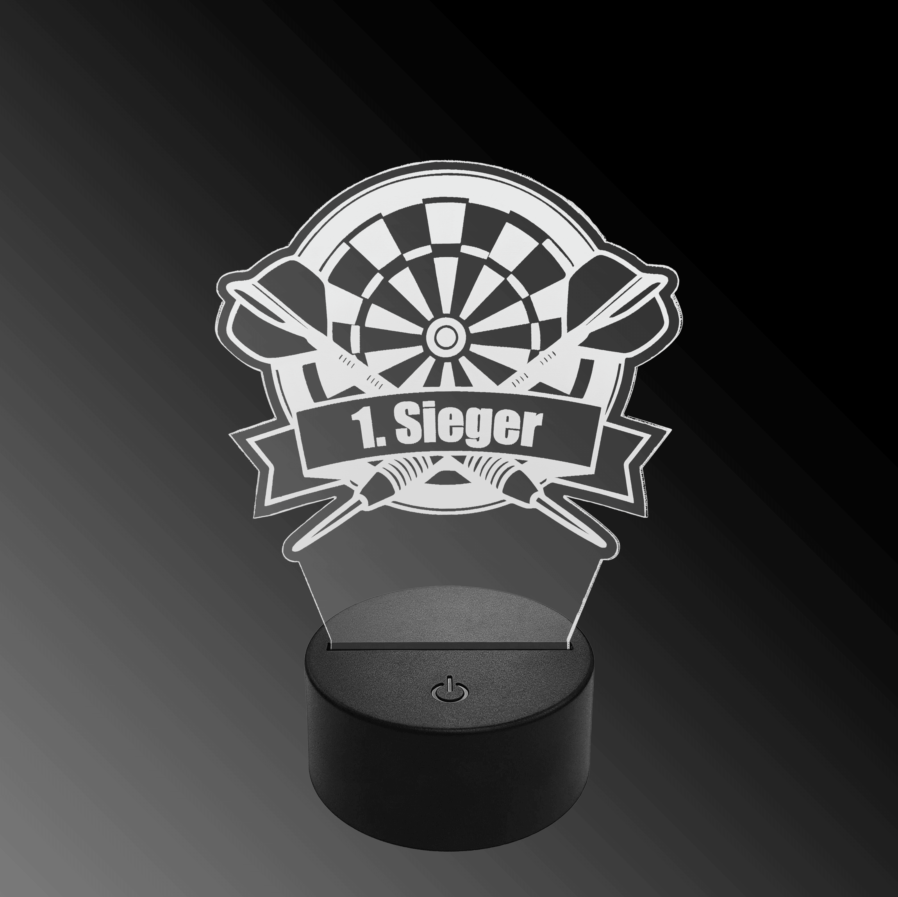 Lampe à fléchettes LED en plexiglas avec texte personnalisé Das Bild zeigt eine LED-Lampe mit einem Plexiglasaufsatz in Form eines Dartboards und zwei gekreuzten Darts. Auf dem Schild steht "1. Sieger" geschrieben.