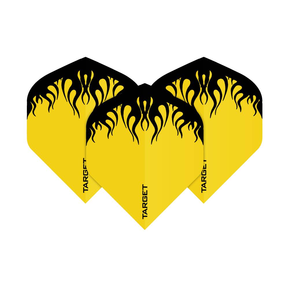 TG83_Target_Yellow_Flame_No2_Standard_Flights_1 Das Bild zeigt drei Dart-Flights mit einem gelben und schwarzen Flammendesign. Auf jedem Flight steht unten das Wort "TARGET".