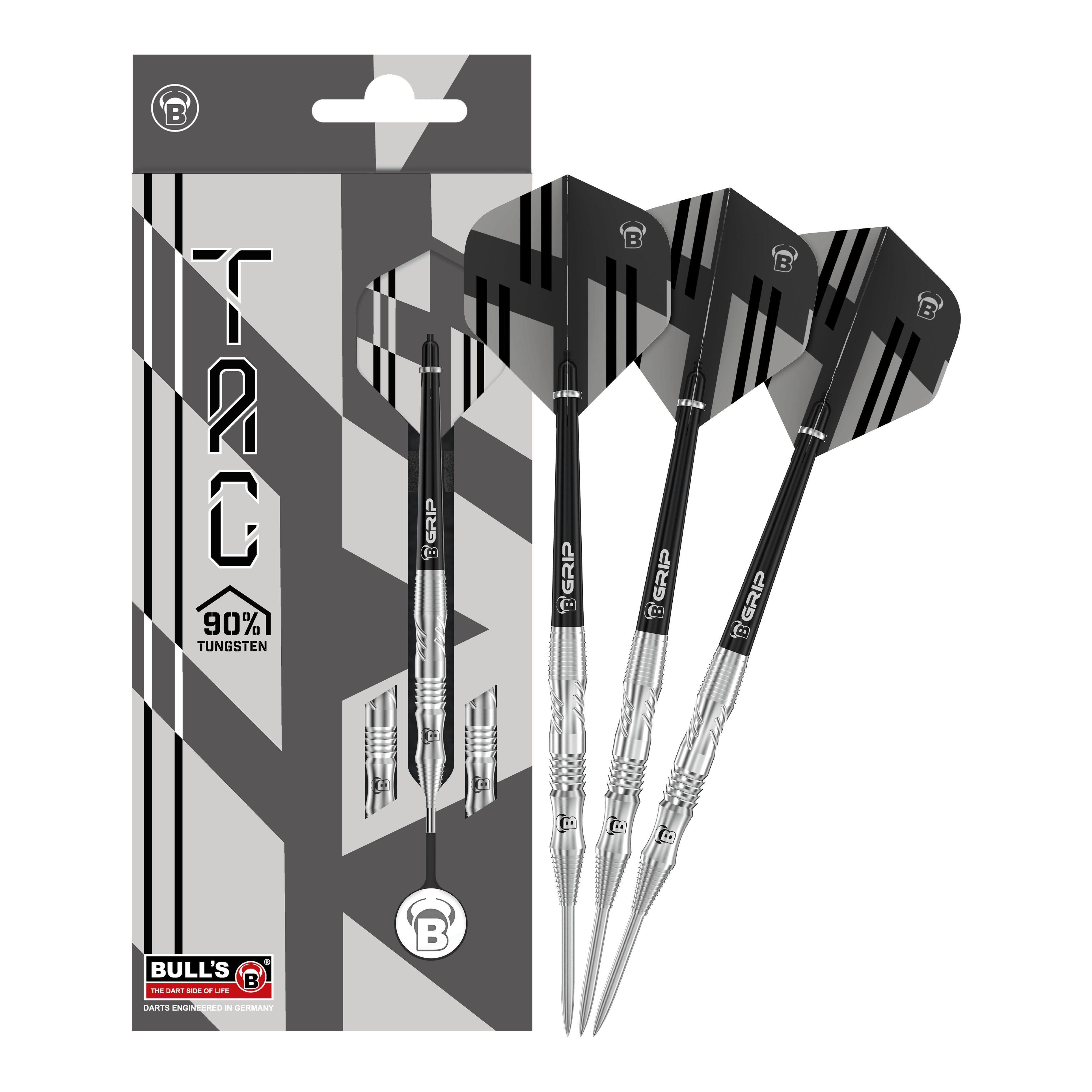 Fléchettes en acier Bulls Tac T1 Das Bild zeigt die Bulls Tac T1 Steeldarts zusammen mit ihrer Verpackung. Die Darts bestehen zu 90% aus Tungsten und haben ein modernes, schwarz-silbernes Design.