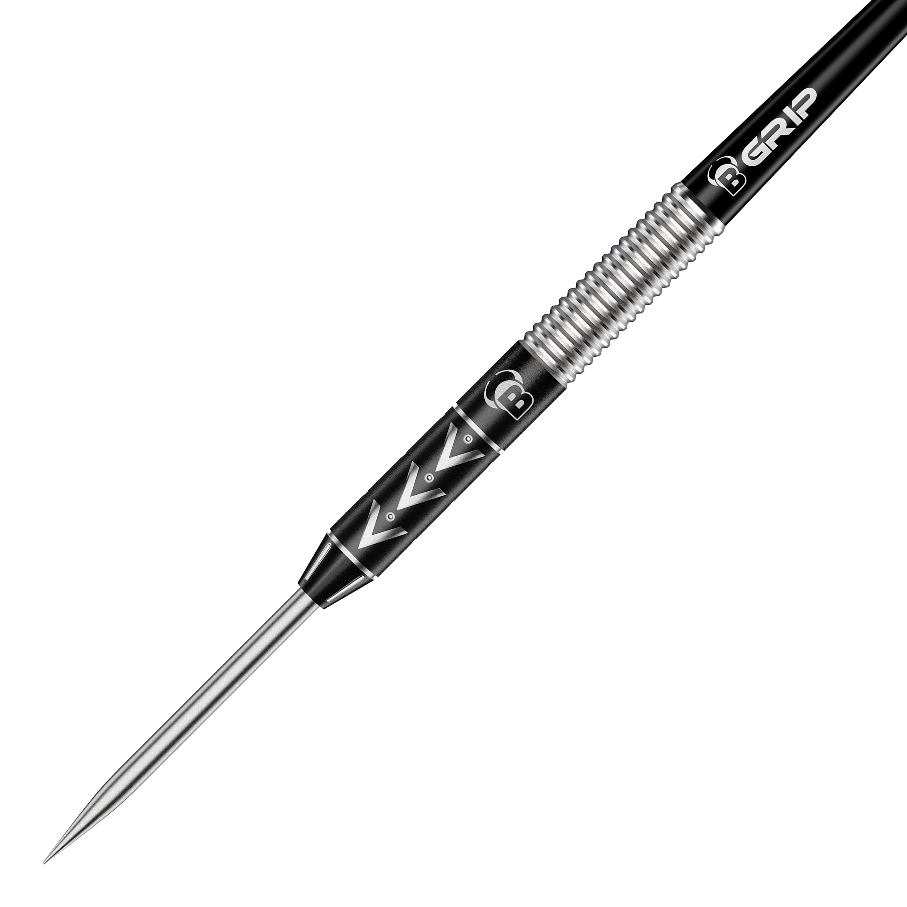 Fléchettes en acier Bulls Challenger Arno Merk - 22g Das Bild zeigt einen Bulls Challenger Arno Merk Steeldart mit einem Gewicht von 22g. Der Dartpfeil hat ein silber-schwarzes Design mit markanten Rillen und einem spitzen Metallende.