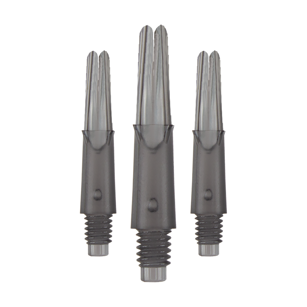 Arbres en L verrouillés droits - Noir transparent Auf dem Bild sind drei transparente, schwarze Dart-Schäfte zu sehen. Sie stehen aufrecht nebeneinander und haben ein Gewinde am unteren Ende.