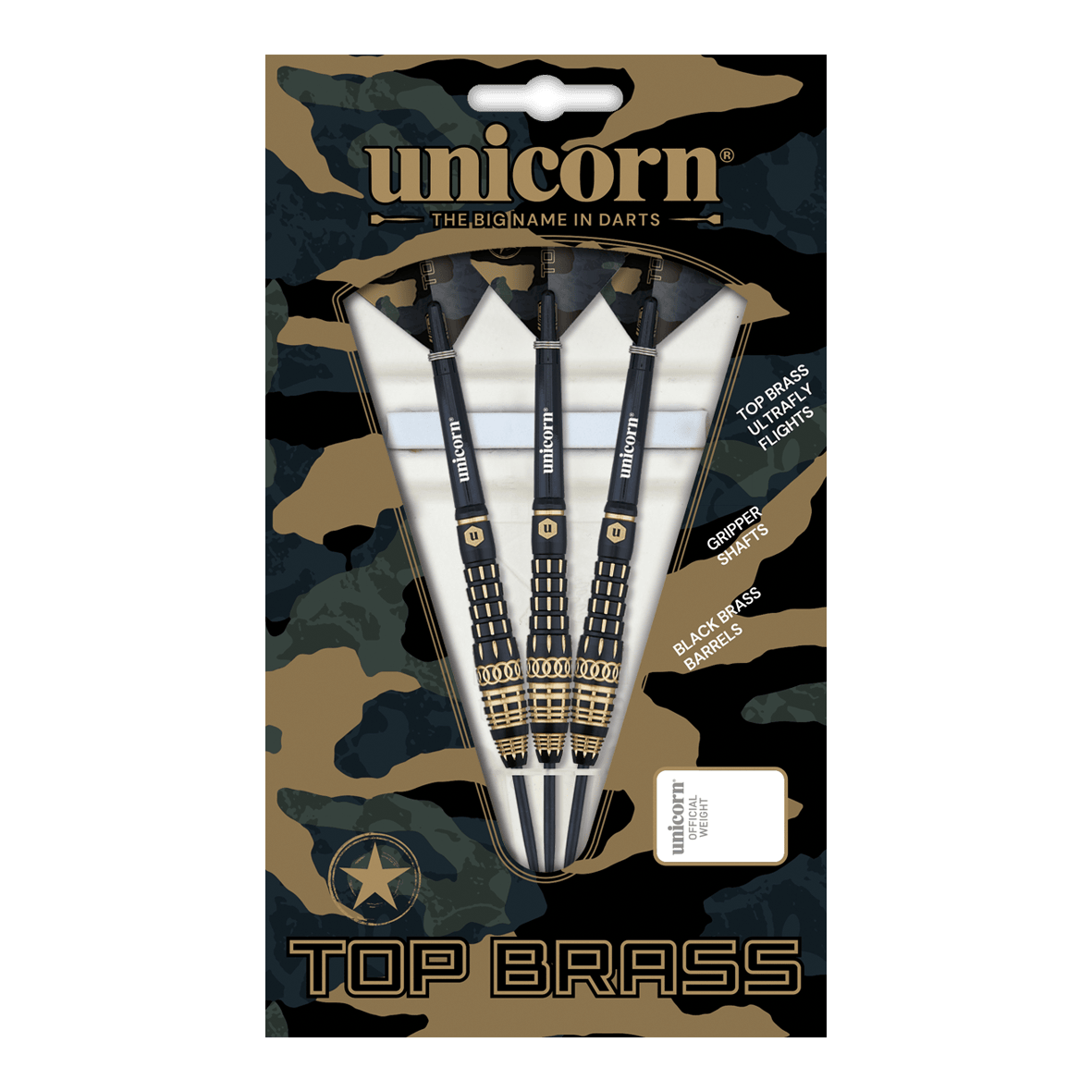 Fléchettes en acier Unicorn Top Brass V4 - 20 g Das Bild zeigt die "Unicorn Top Brass V4 Steeldarts - 20g" in ihrer Verpackung. Die Darts haben schwarze und goldene Akzente und sind für präzises Werfen konzipiert.