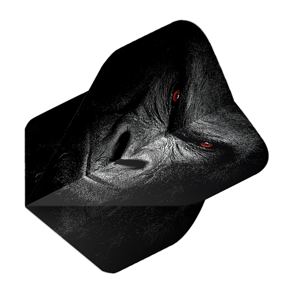 Pentathlon Vols Gorille Das Bild zeigt das Produkt "Pentathlon Gorilla No2 Standard Flights". Auf dem Flight ist das Gesicht eines Gorillas mit markanten roten Augen abgebildet.