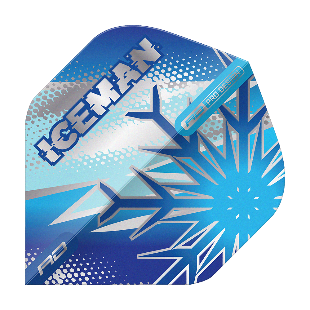 Vols standard Red Dragon Gerwyn Price Blue Flake No2 Das Bild zeigt ein Dart-Flight mit frostigem, blauem Design und einer großen Schneeflocke. Auf dem Flight steht das Wort "ICEMAN" in auffälligen Lettern.