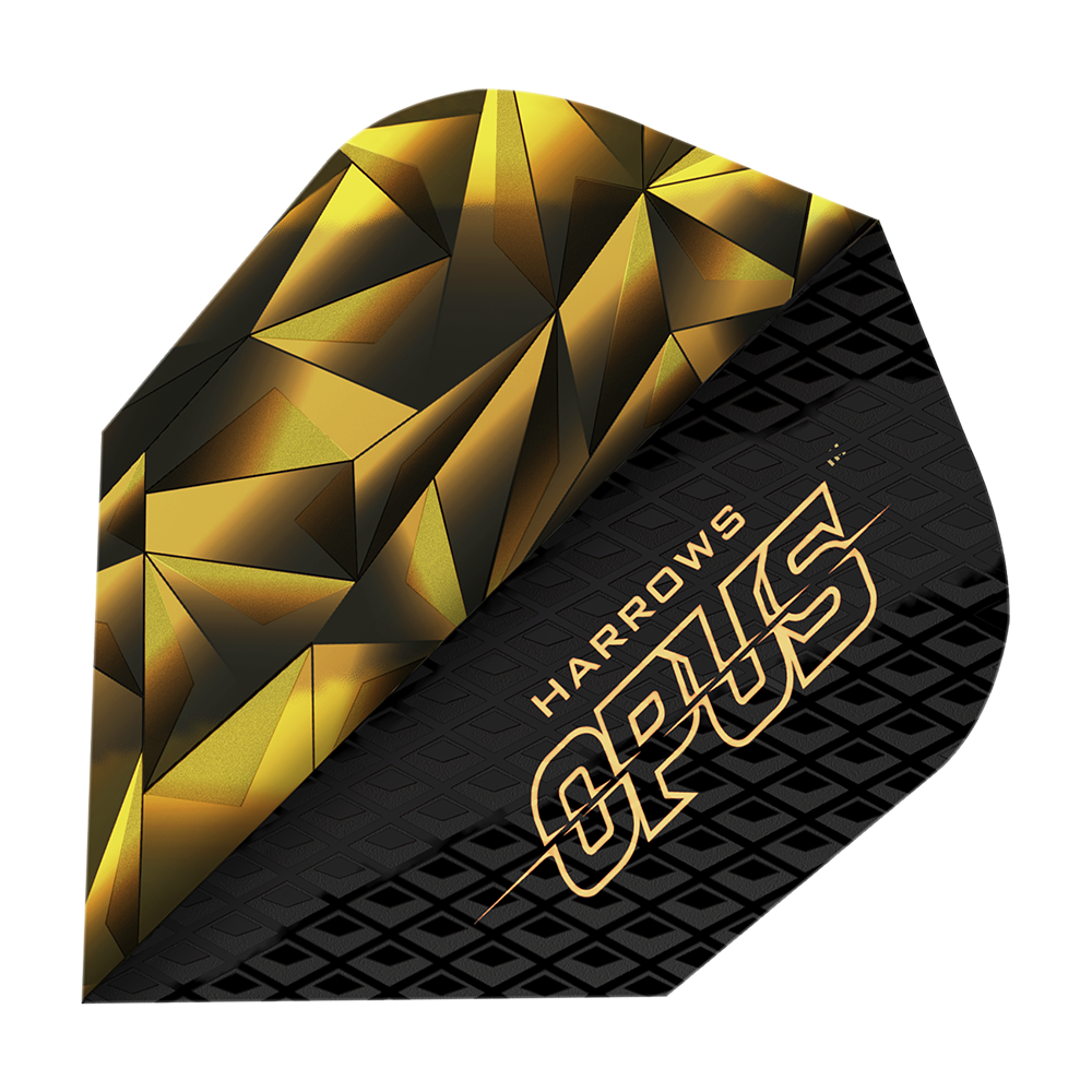 Vols de Harrow's Opus Version 1 Dies ist ein Bild des Produkts "Harrows Opus Version 1 Flights". Das Flight-Design ist schwarz-golden mit geometrischen Mustern und dem Schriftzug "HARROWS OPUS".