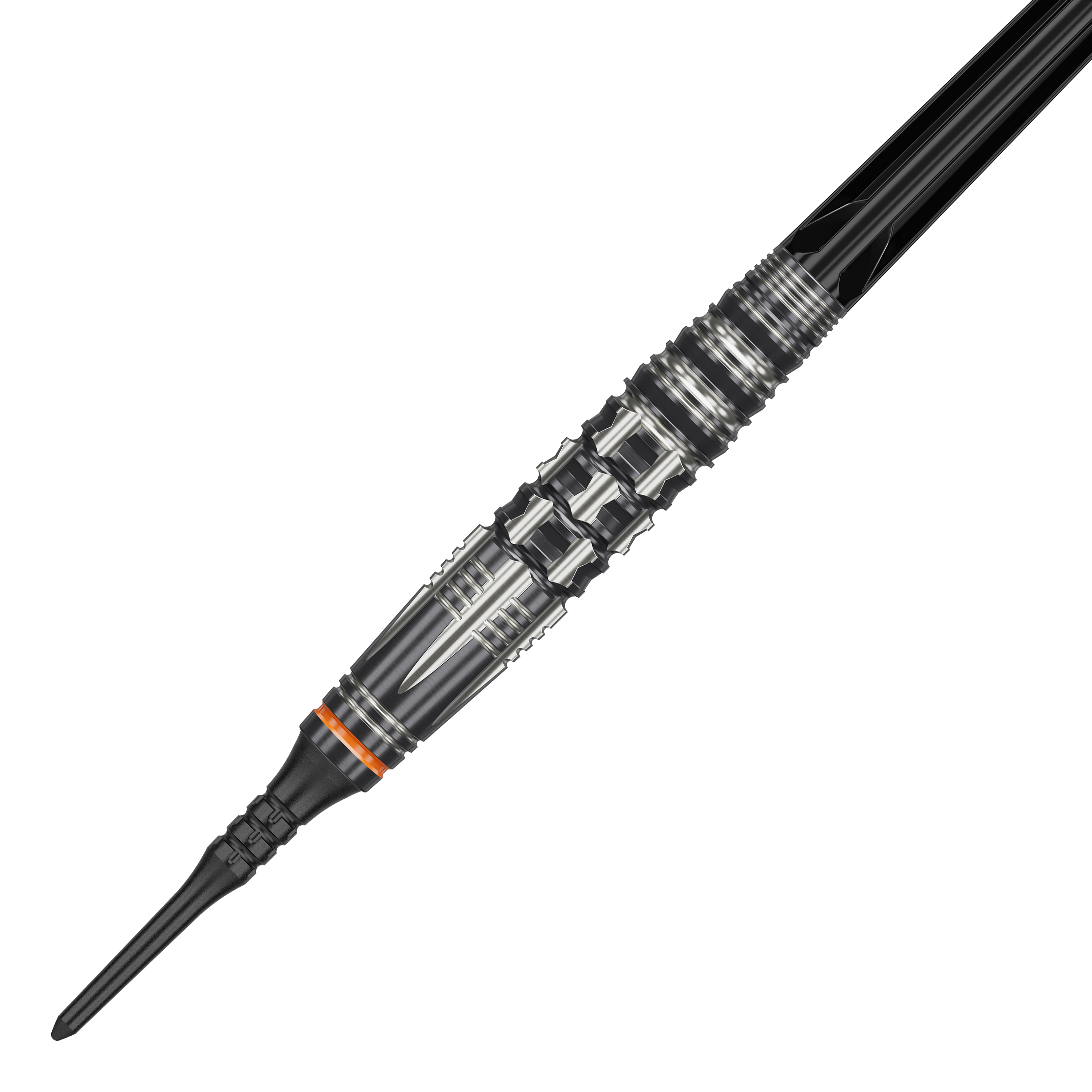Fléchettes souples Target Japan Black Marque Dancing Duck GEN 4 - 17 g Das Bild zeigt einen Target Japan Black Marque Dancing Duck GEN 4 Softdart mit einem Gewicht von 17g. Der Dartpfeil hat ein auffälliges silber-schwarzes Design mit vielen feinen Details und einem orangefarbenen Ring.