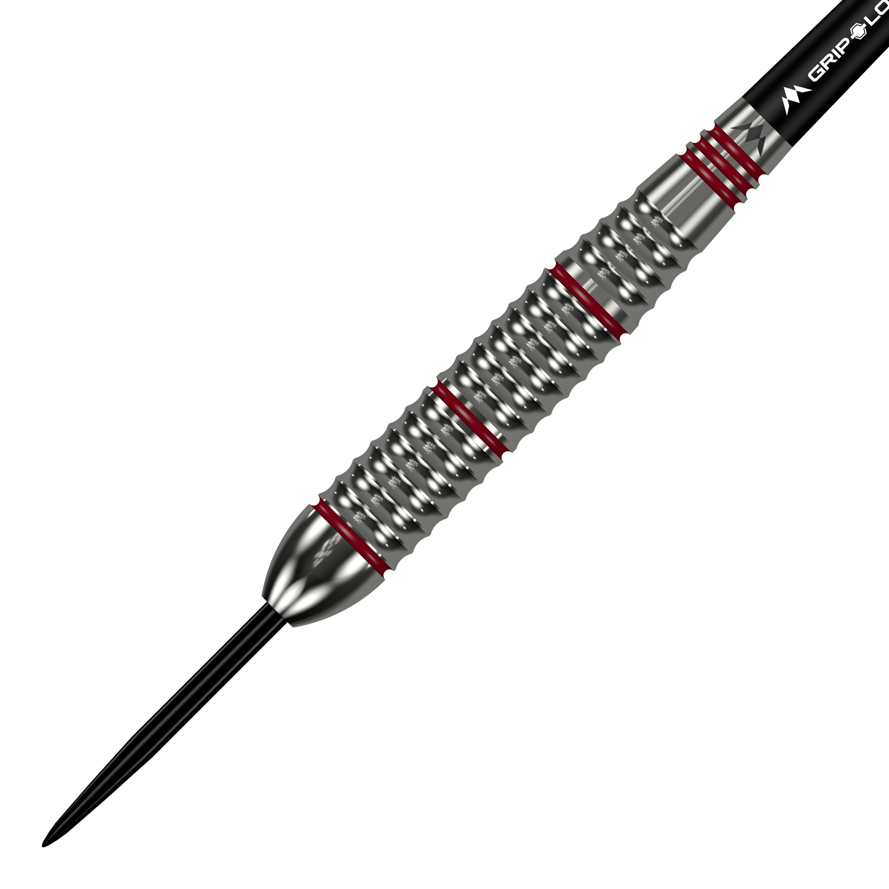 Fléchettes Mission Rogue en acier laitonné - 22 g Das Bild zeigt einen Mission Rogue Brass Steeldart mit einem Gewicht von 22 Gramm. Der Dartpfeil hat ein silbernes, geriffeltes Barrel mit roten Akzenten.