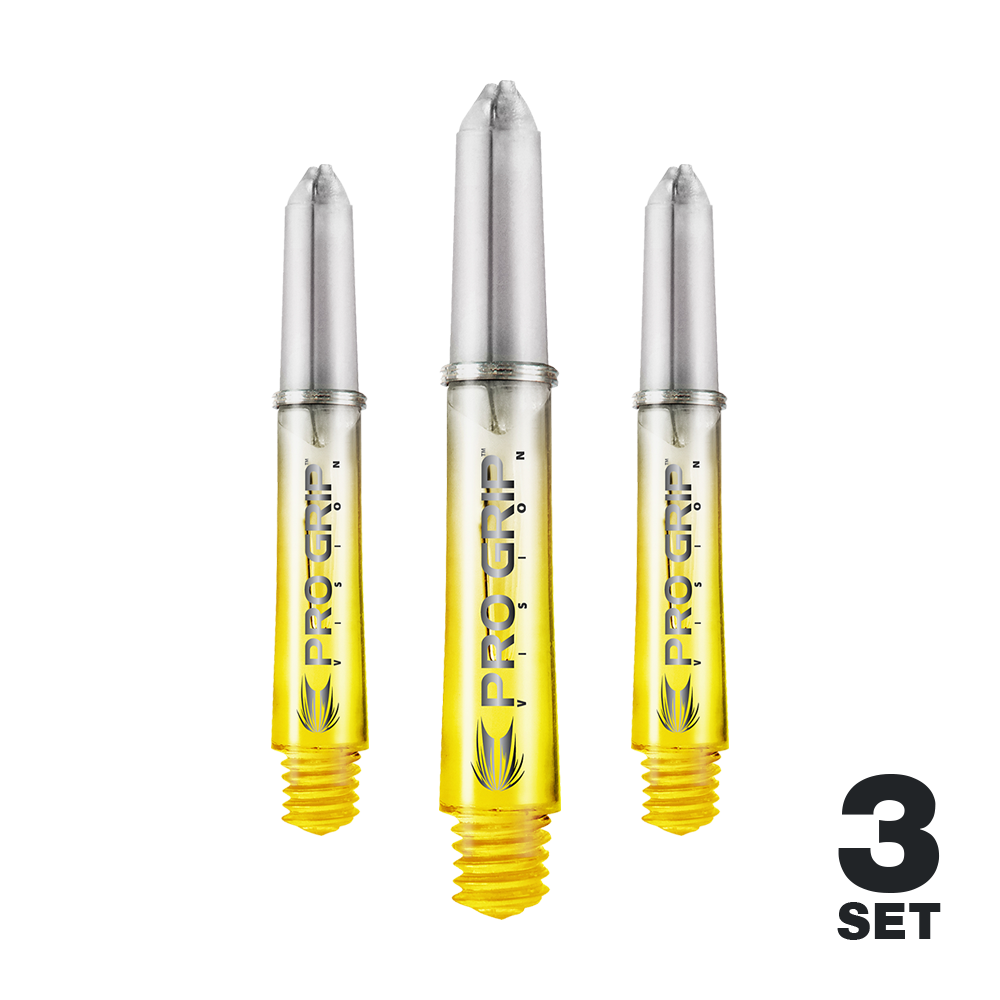 Tiges Target Pro Grip Vision - 3 jeux - Jaune Auf dem Bild sind drei gelbe Pro Grip Vision Shafts für Darts zu sehen. Unten rechts steht, dass es sich um ein 3er-Set handelt.