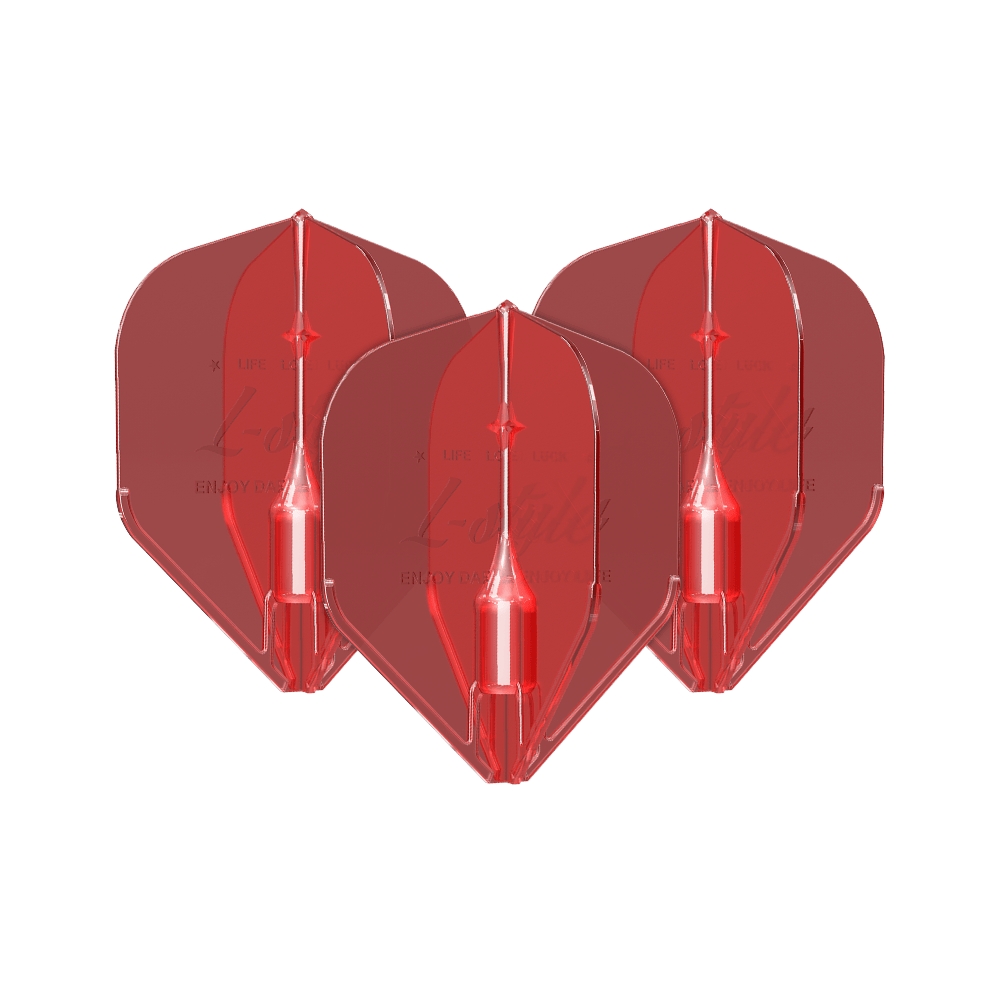 Vols L-Style Fantom L1EZ Rouge Das Bild zeigt drei rote Dart-Flights des Modells "L-Style Fantom L1EZ". Sie sind aus durchsichtigem Material gefertigt und haben eine klassische Form.