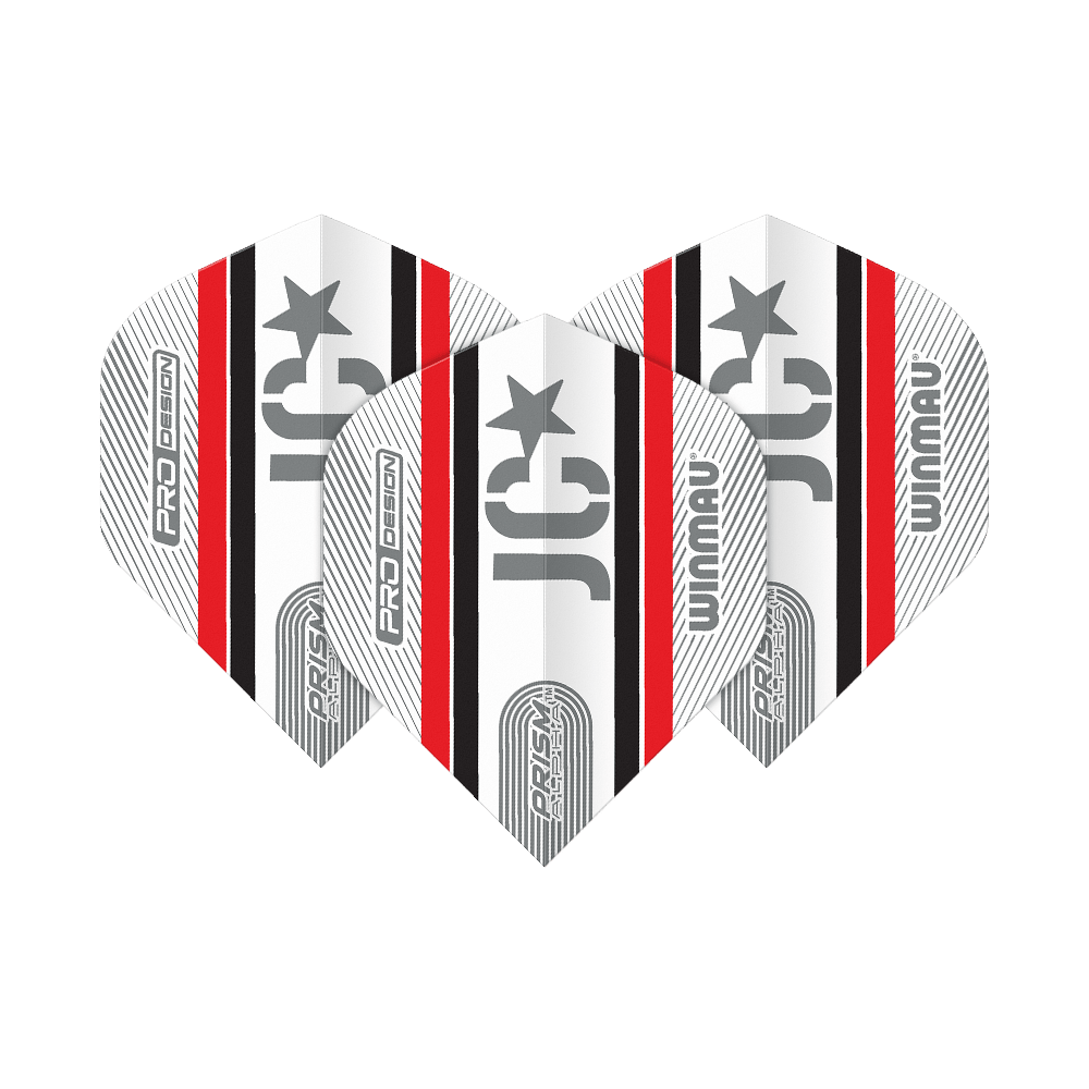 Vols standard Winmau Alpha Joe Cullen Cullen 85 Das Bild zeigt drei Winmau Alpha Joe Cullen 85 Standard Flights für Darts. Sie sind überwiegend weiß mit schwarzen und roten Streifen sowie silbernen Aufdrucken.