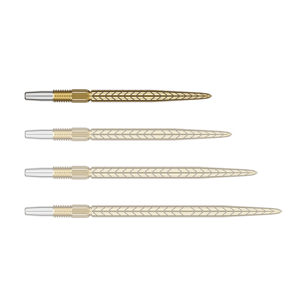 Pointes de fléchettes Target Swiss Point RVE - Or Auf dem Bild sind vier goldfarbene Dartspitzen mit silbernem Gewinde zu sehen. Sie liegen nebeneinander und haben ein feines Muster auf der Oberfläche.