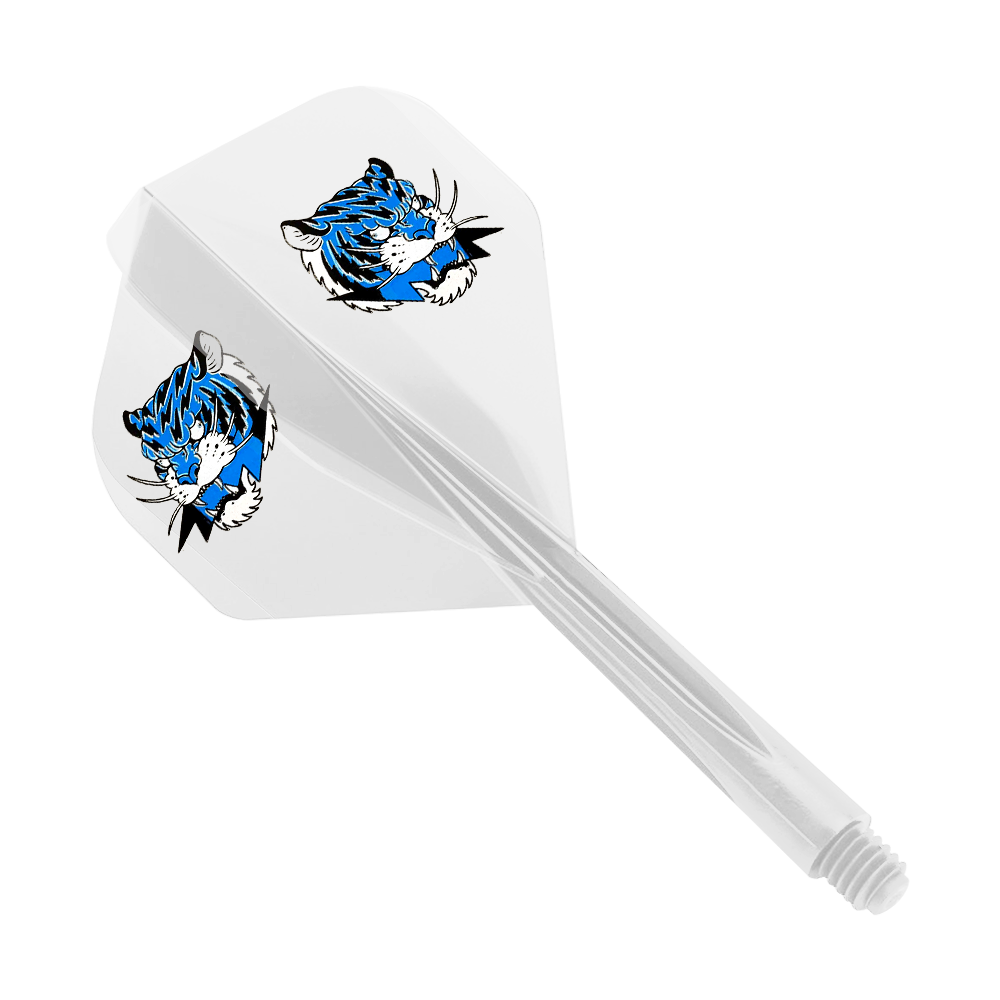 Condor AX Inazuma Tiger Mix Flight System Jaune Clair - Petit Das Bild zeigt ein Dart-Flight-System in transparentem Gelb mit einem kleinen Format. Auf den Flights ist ein blauer Tigerkopf abgebildet.