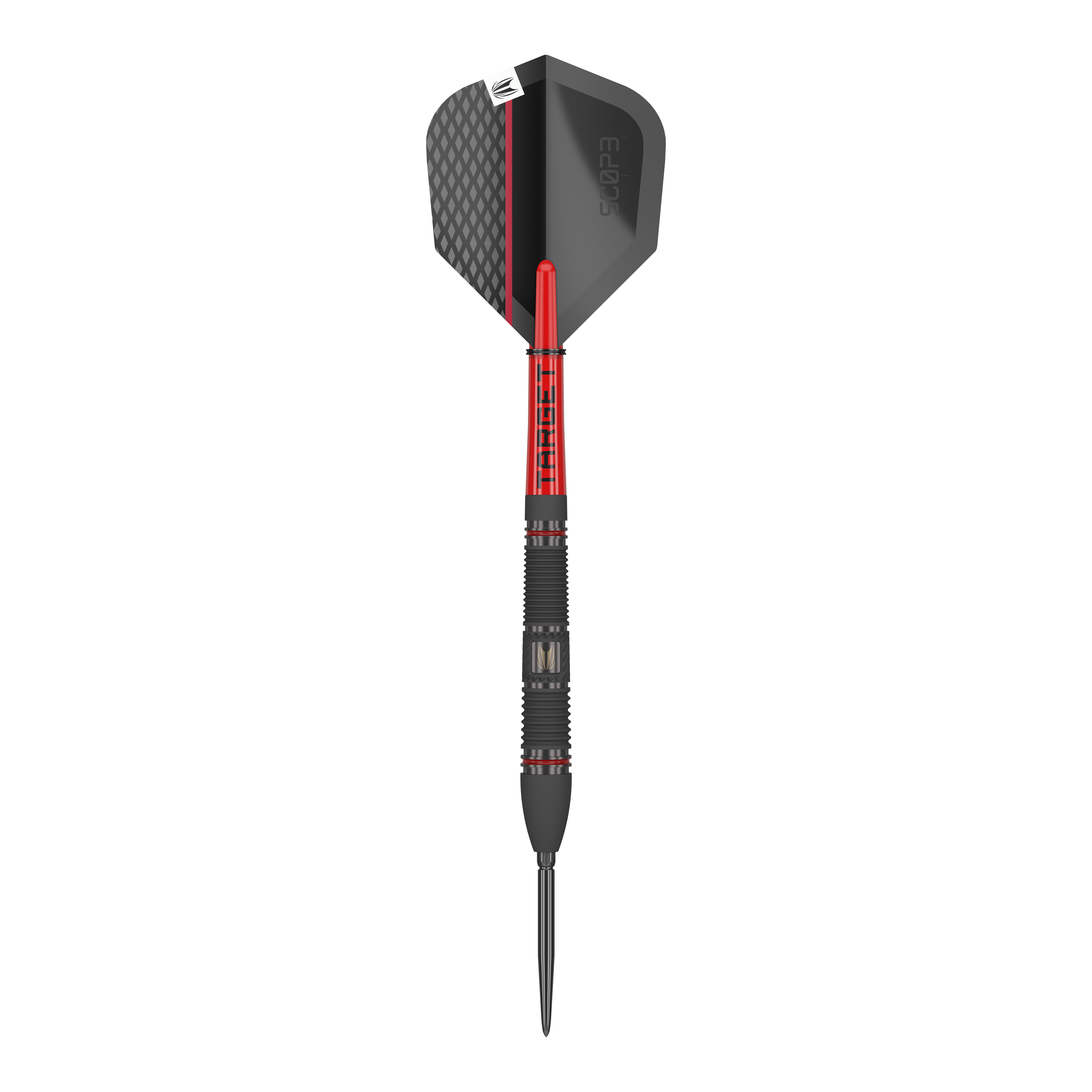 Fléchettes en acier Target Scope 02 Swiss Point Das Bild zeigt einen Target Scope 02 Swiss Point Steeldart. Der Dart ist schwarz und rot gestaltet und hat eine strukturierte Spitze sowie ein modernes Flight-Design.